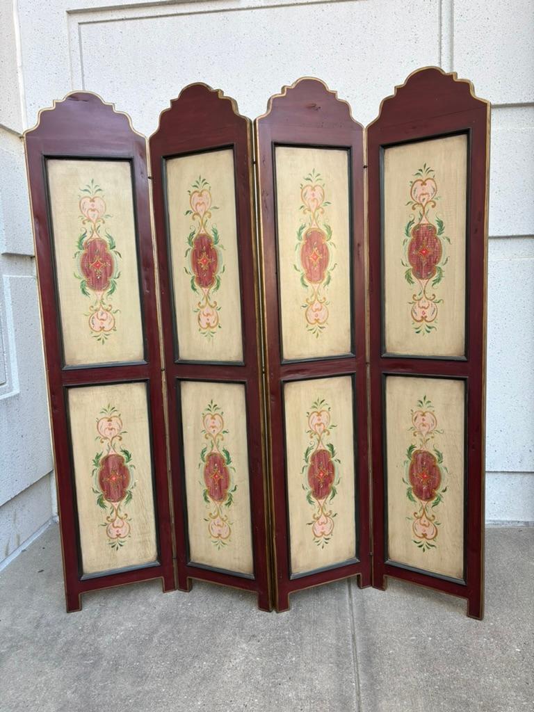 Biombo Italiano De Cuatro Paneles De Madera Pintada Con Decoración Floral en venta 11