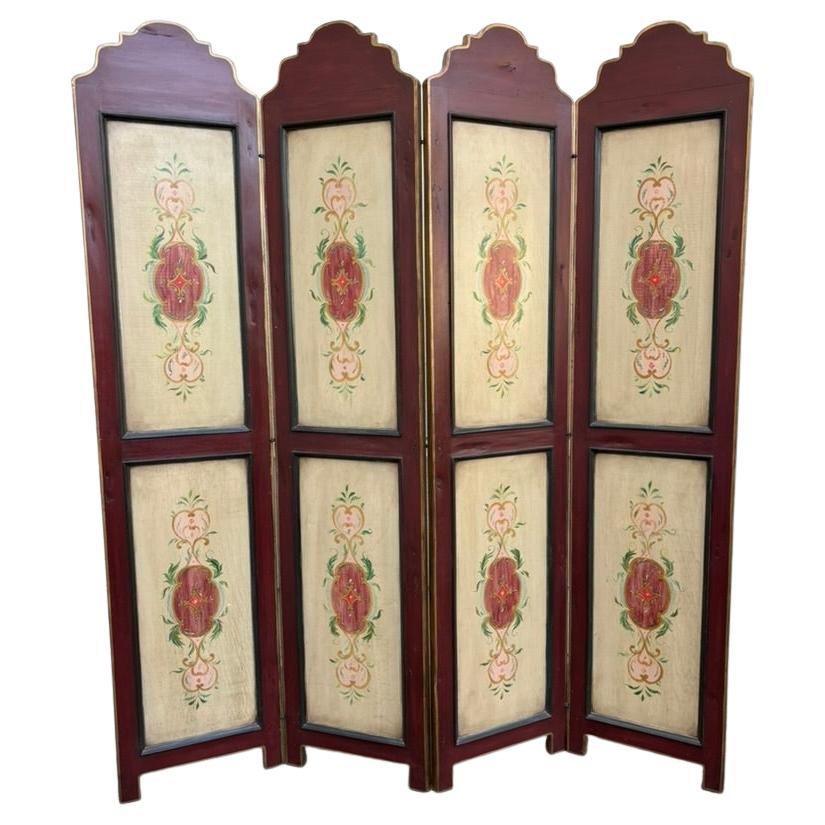 Biombo Italiano De Cuatro Paneles De Madera Pintada Con Decoración Floral