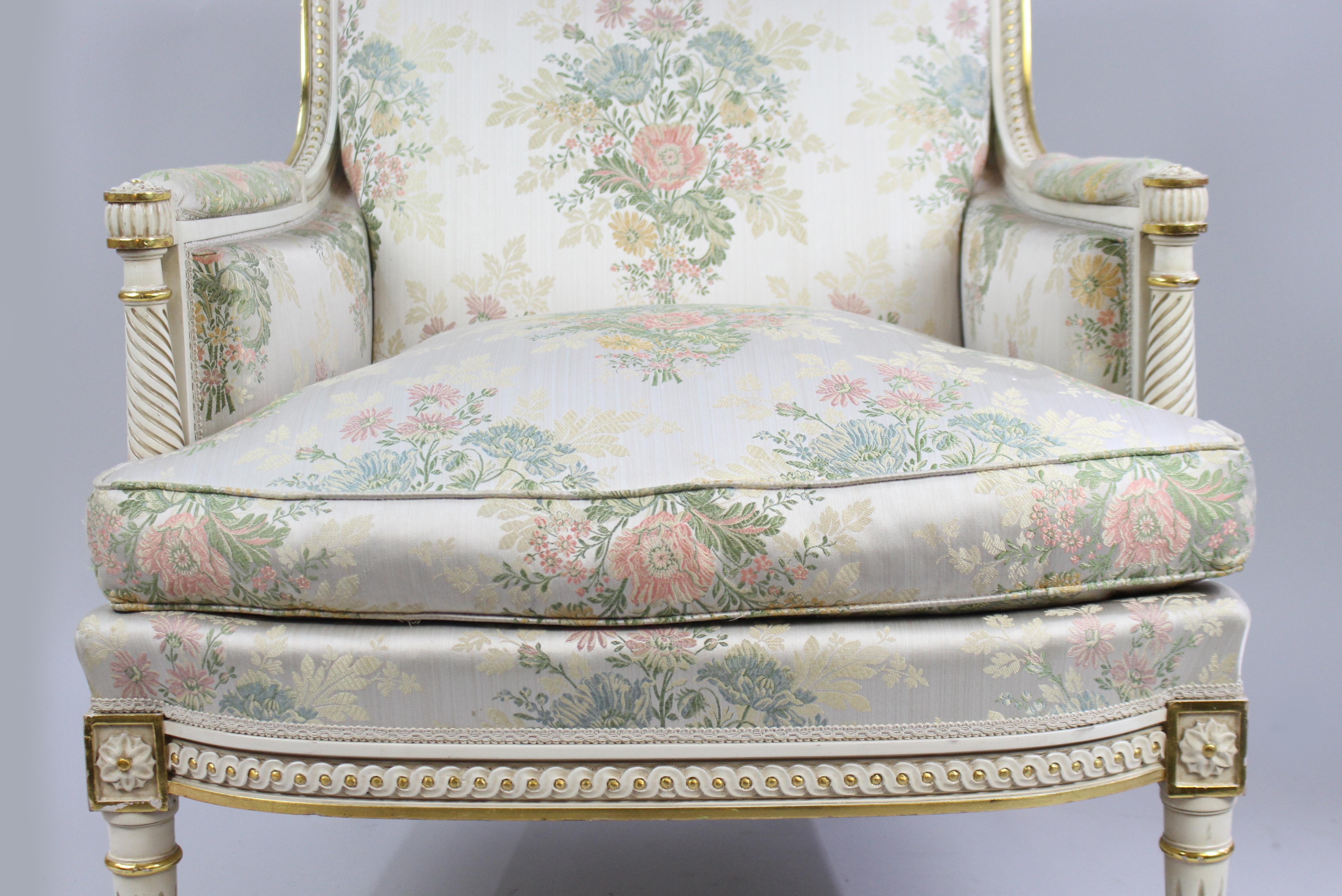 Italian Painted and Gilt Carved Wood Silik Upholstered Armchair For Sale 6