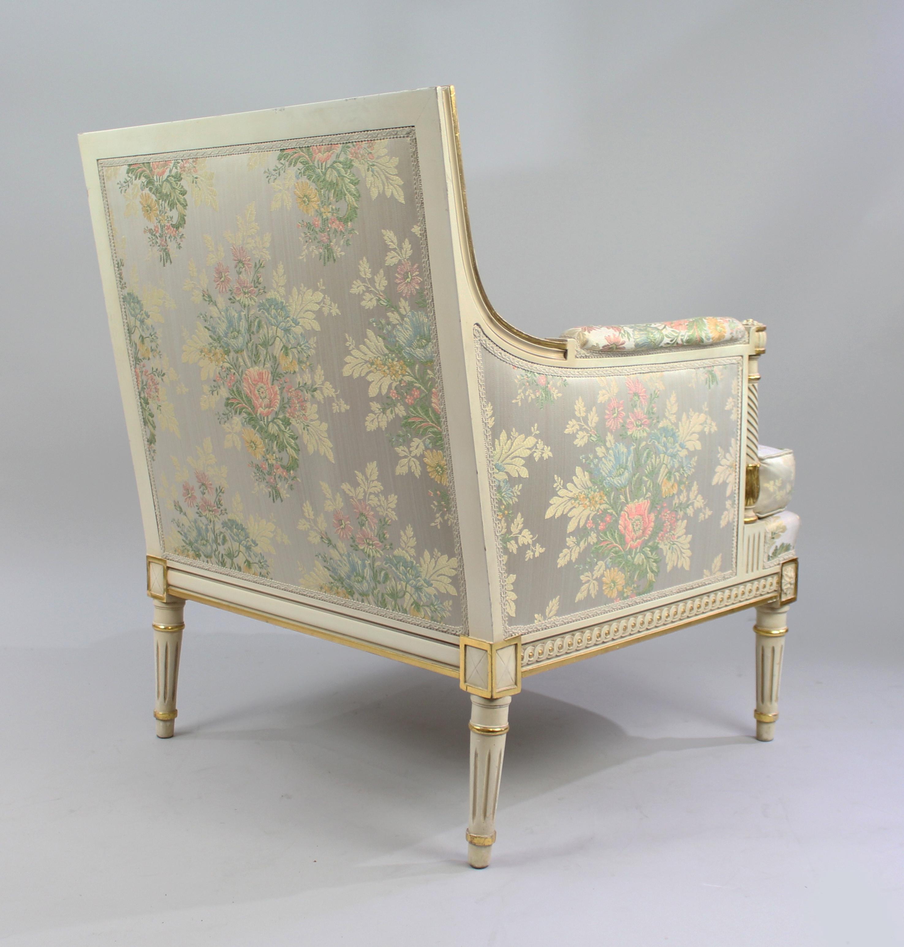 Italian Painted and Gilt Carved Wood Silik Upholstered Armchair For Sale 1