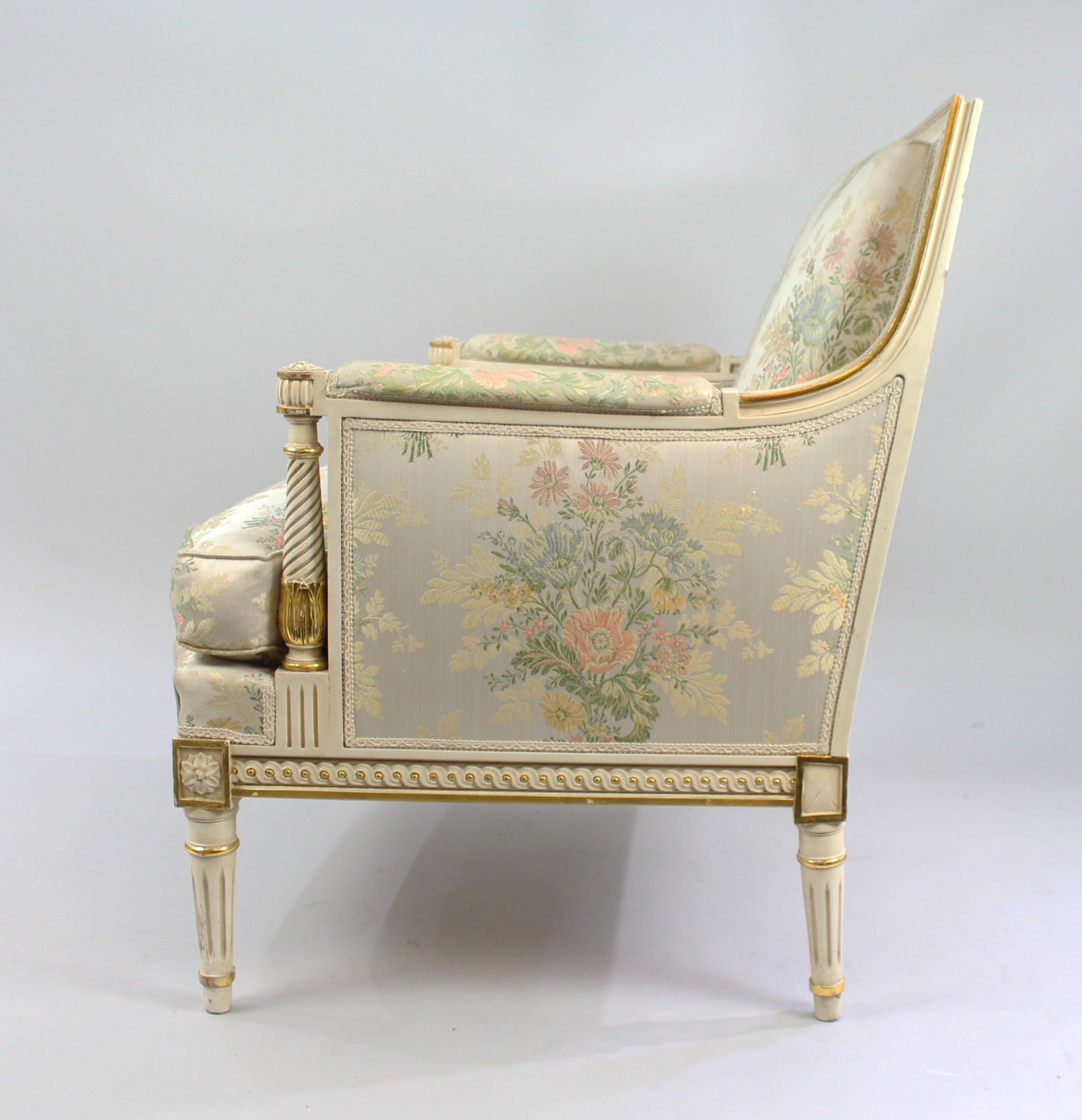 Italian Painted and Gilt Carved Wood Silik Upholstered Armchair For Sale 2