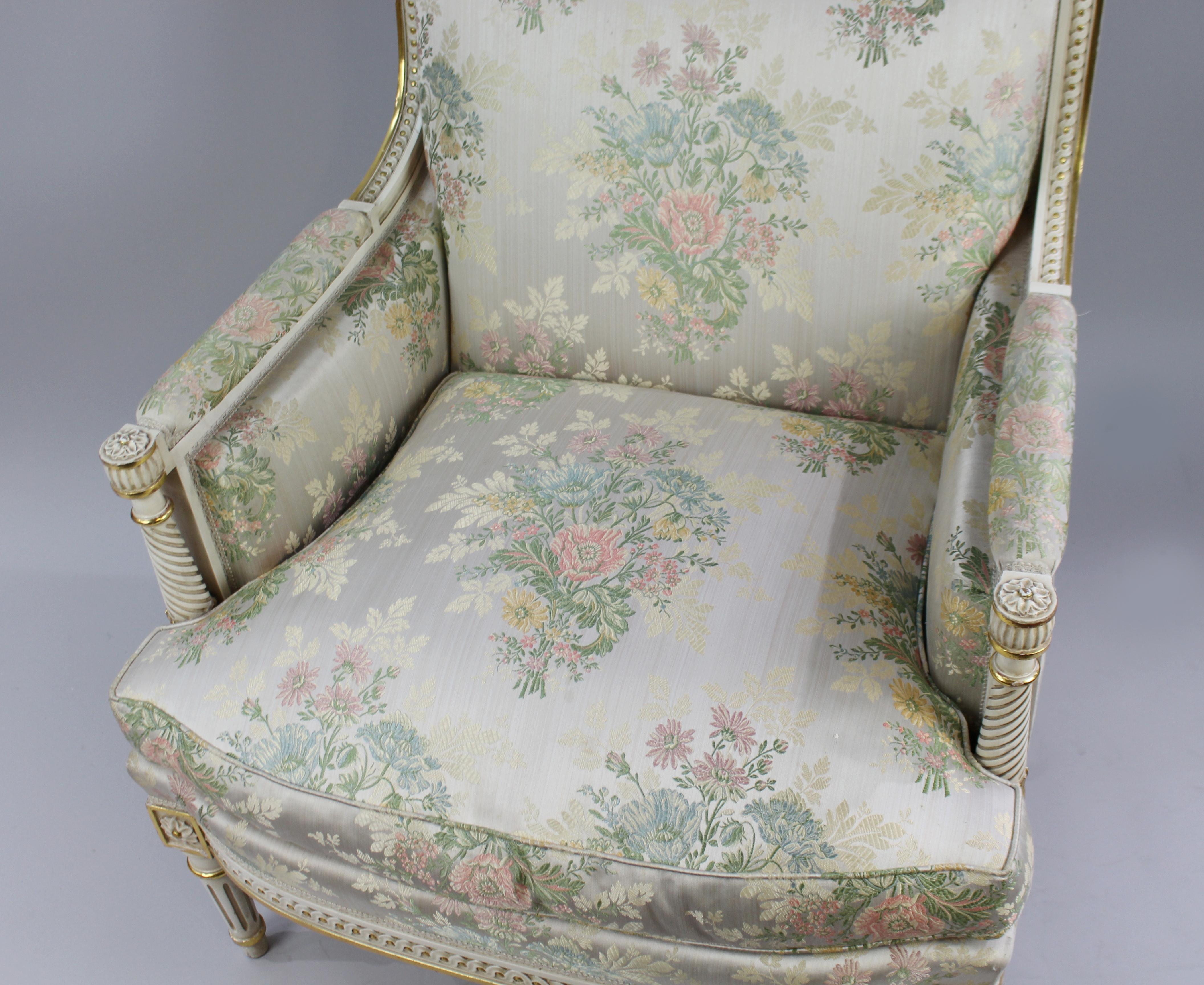 Italian Painted and Gilt Carved Wood Silik Upholstered Armchair For Sale 4