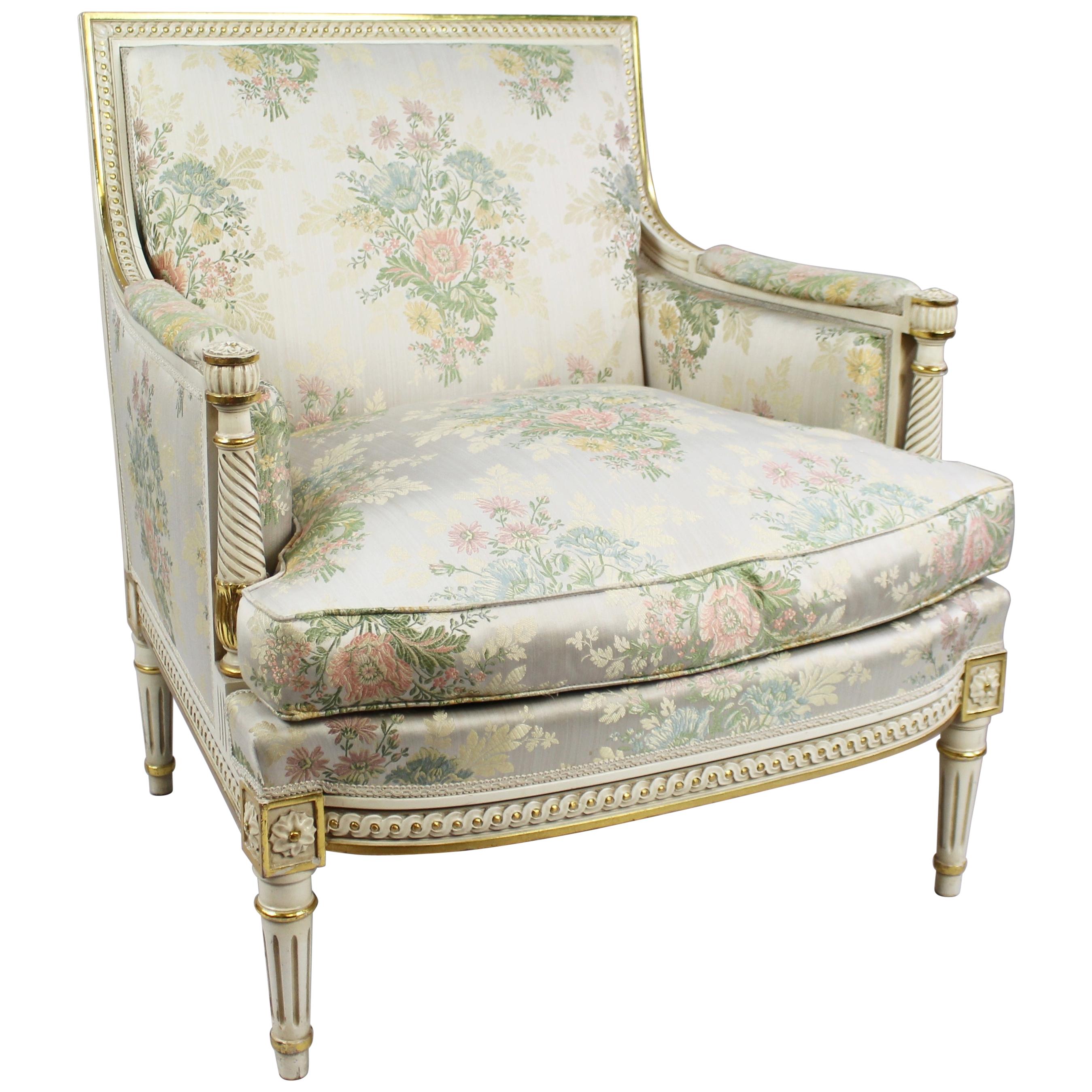 Italian Painted and Gilt Carved Wood Silik Upholstered Armchair For Sale