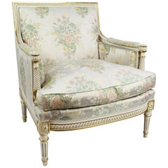 Italian Painted and Gilt Carved Wood Silik Upholstered Armchair