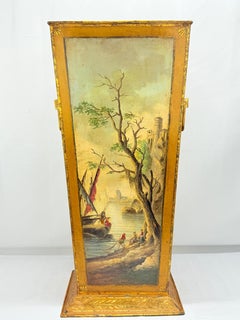 Italian Painted & Gilt Tôle Peinte Umbrella Stand or Waste Bin with Harbor Scene