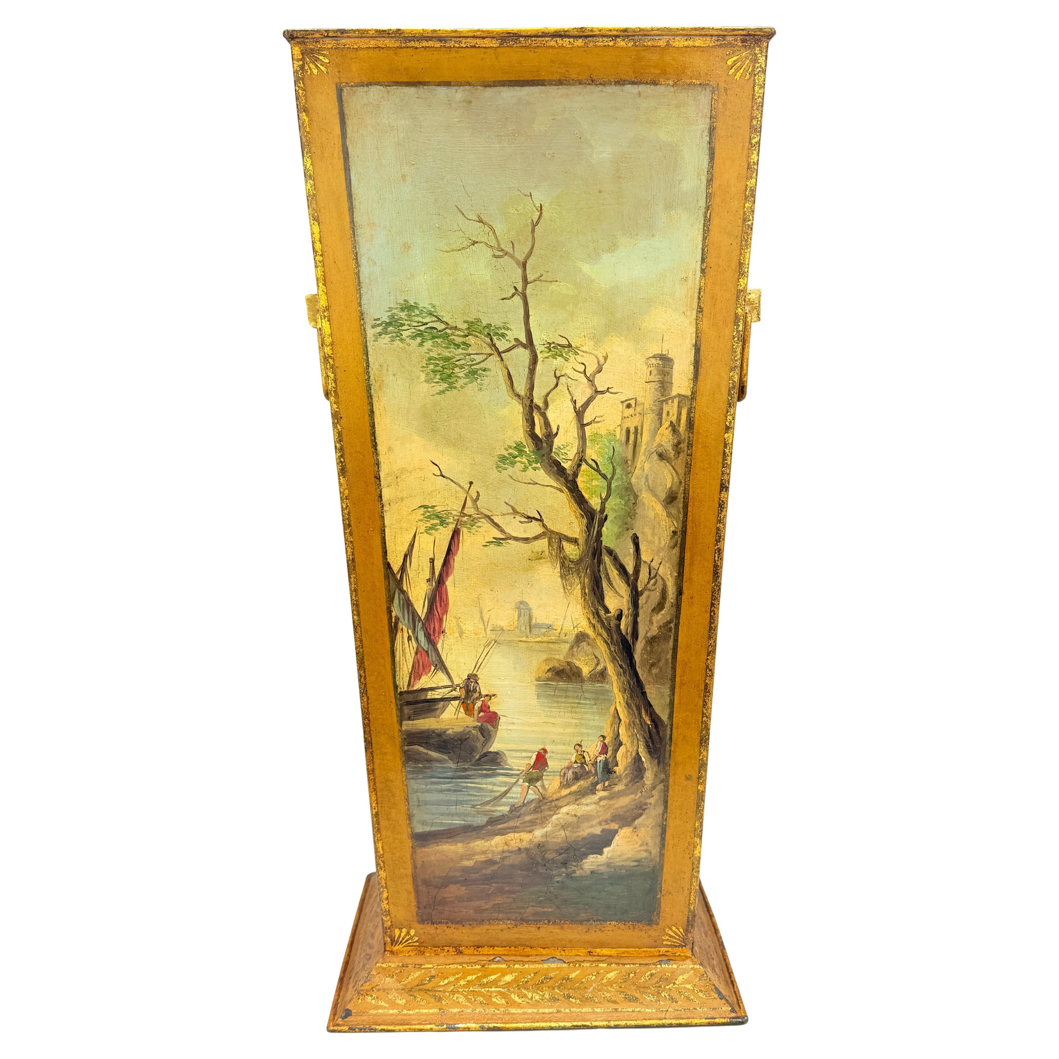 Italian Painted & Gilt Tôle Peinte Umbrella Stand or Waste Bin with Harbor Scene
