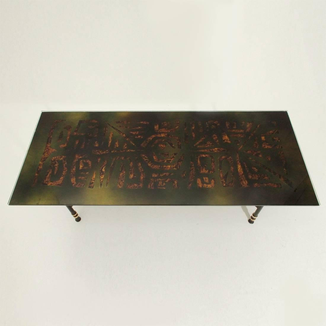 Metal Italian Painted Glass Top Coffee Table by Cristal Art, 1950s