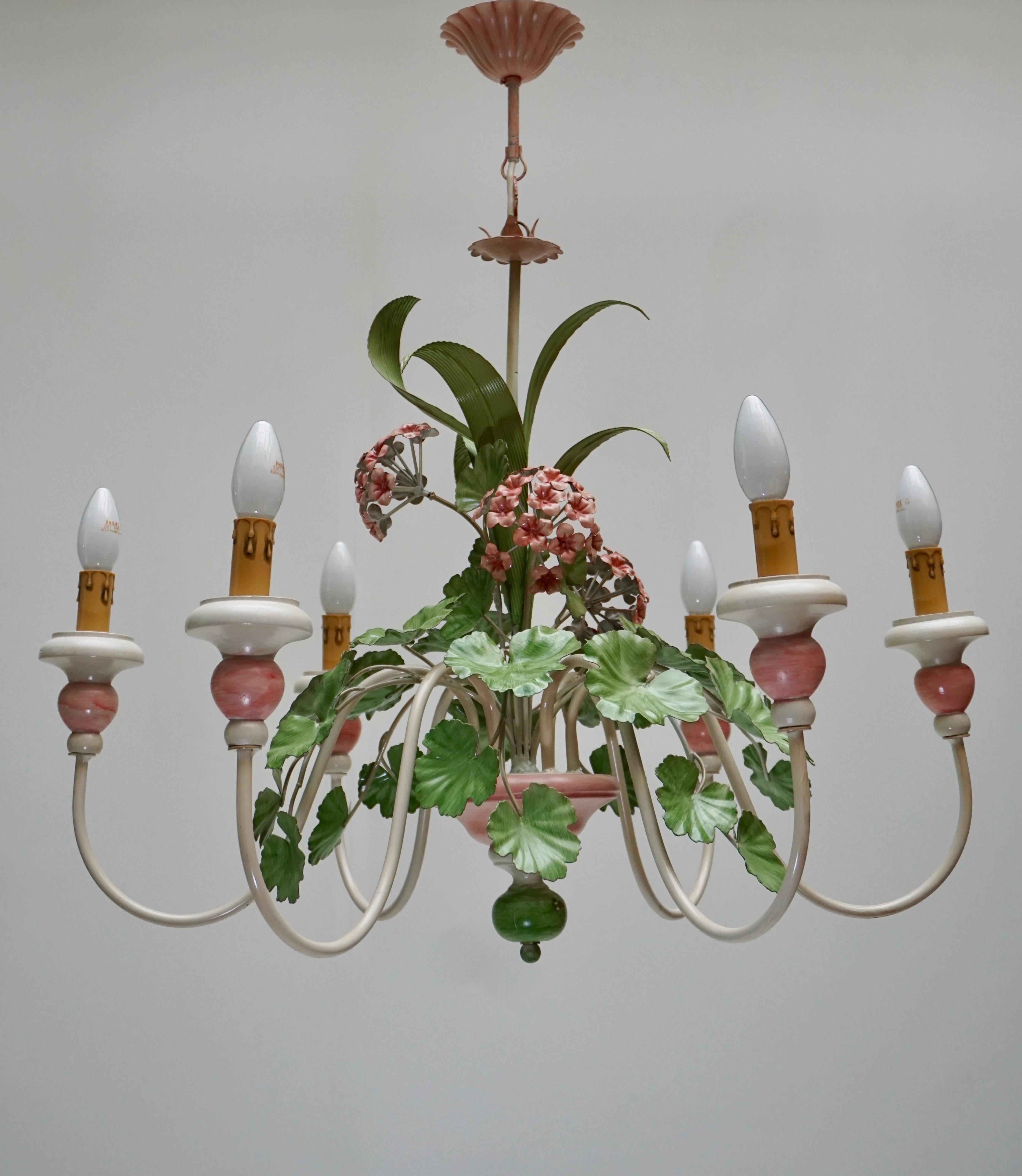 Italian Painted Iron and Tole Chandelier with Flowers 4