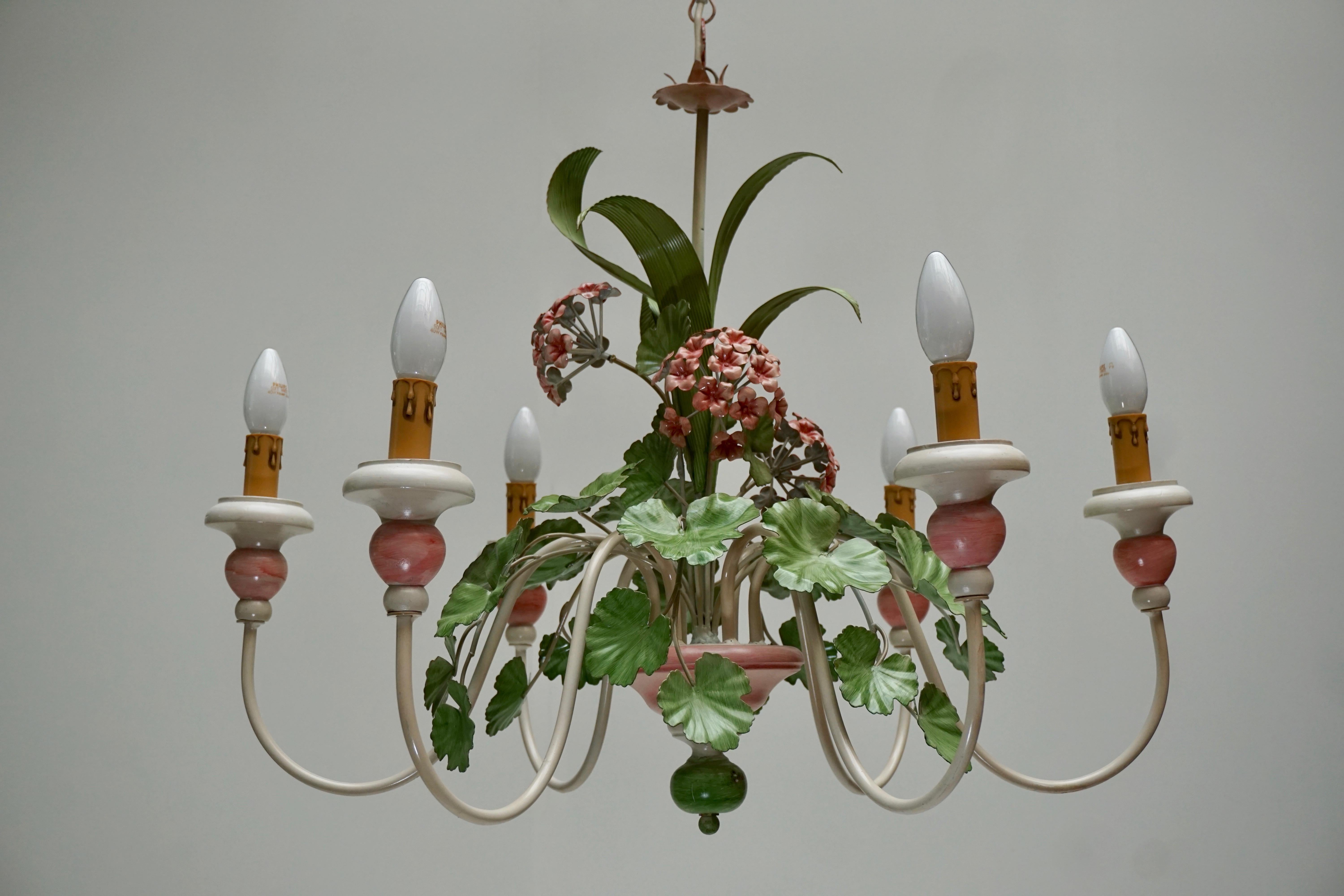 Italian Painted Iron and Tole Chandelier with Flowers 5