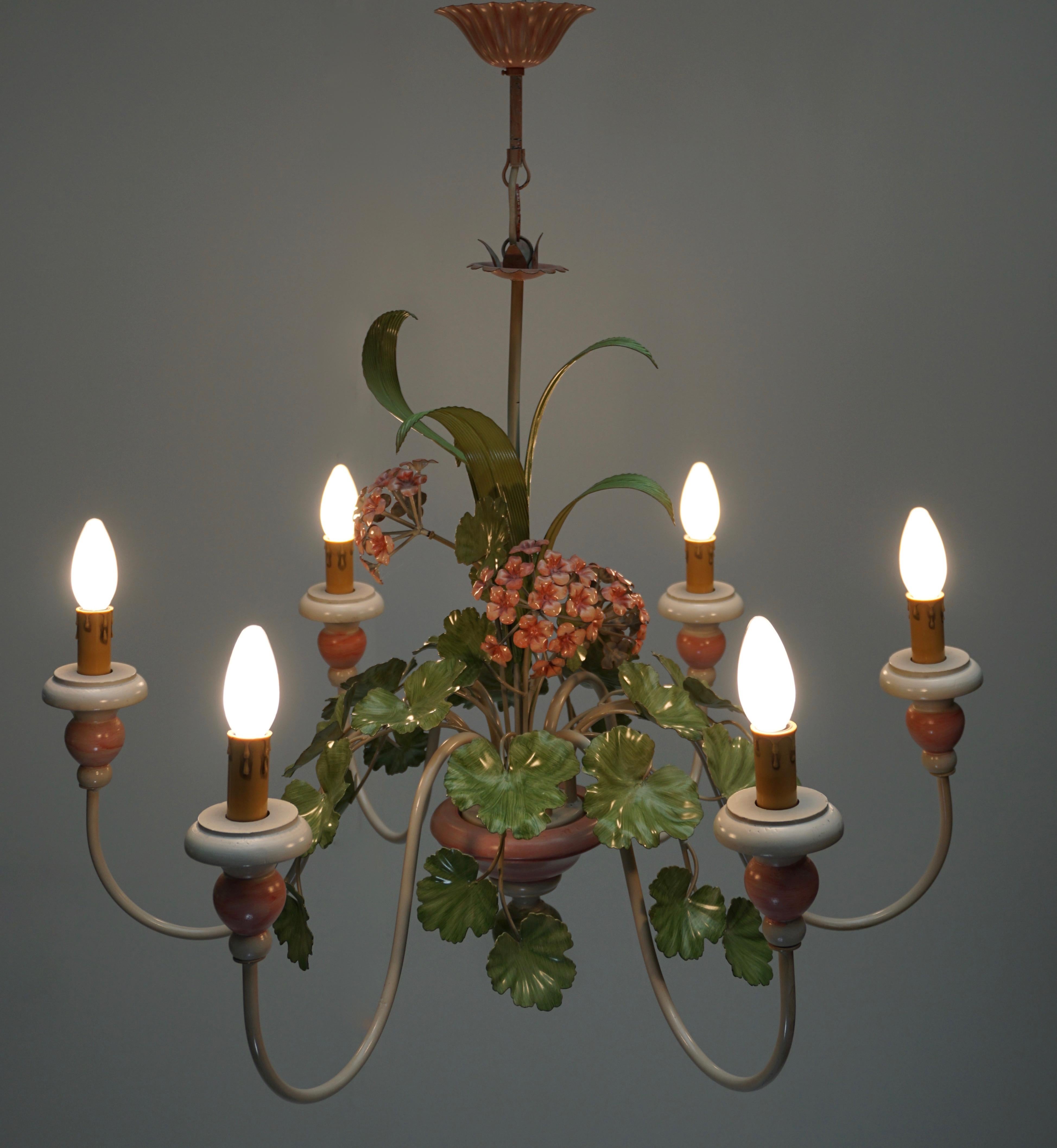 Italian Painted Iron and Tole Chandelier with Flowers 6