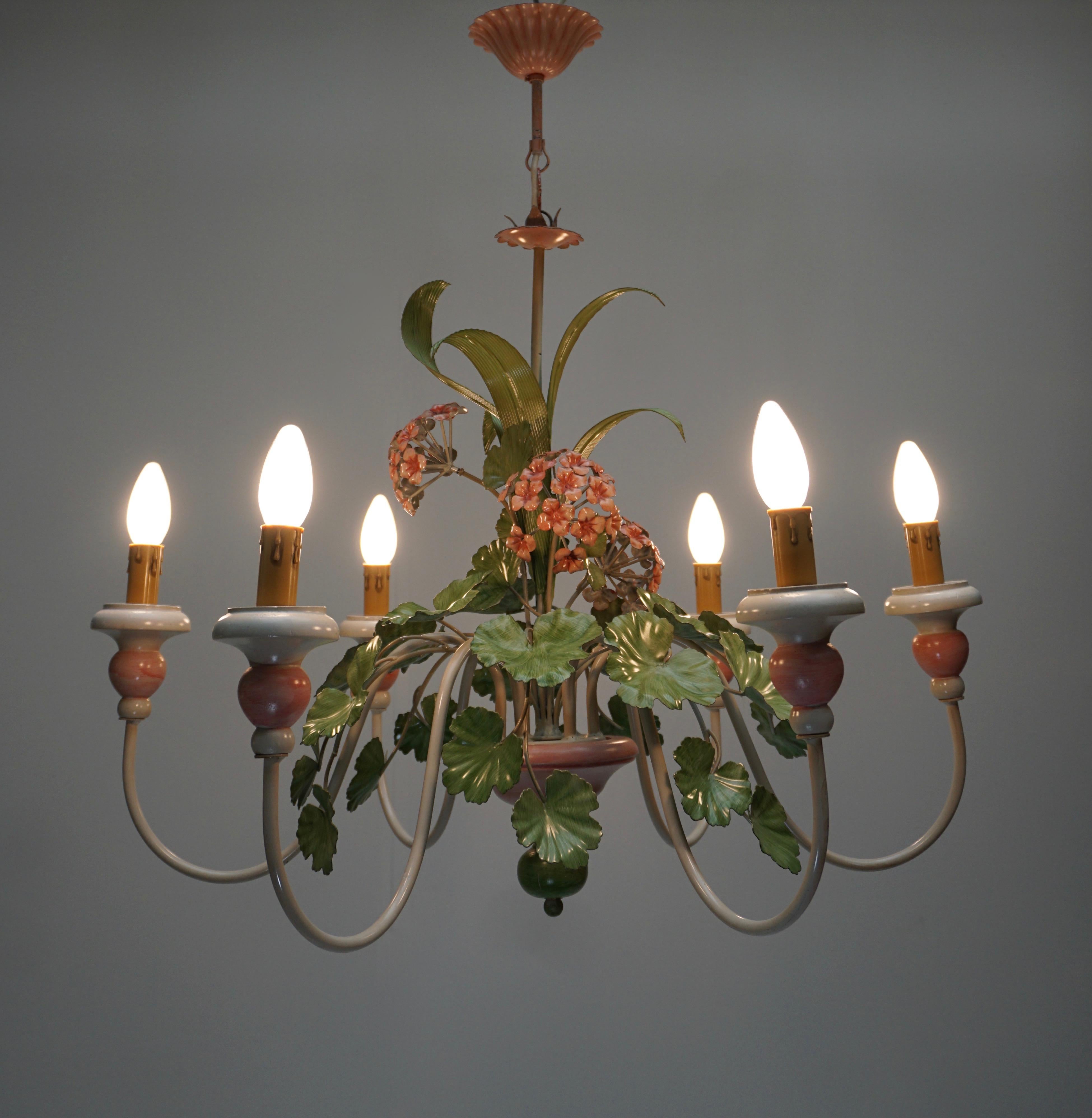 Italian Painted Iron and Tole Chandelier with Flowers 9