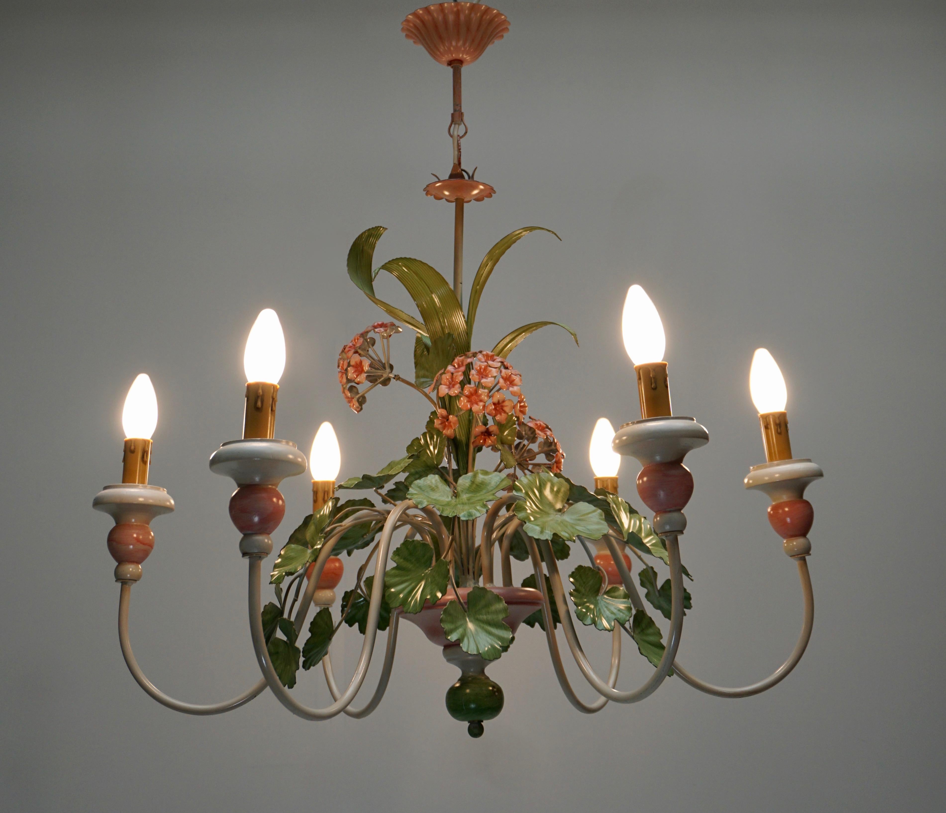 Italian Painted Iron and Tole Chandelier with Flowers 10