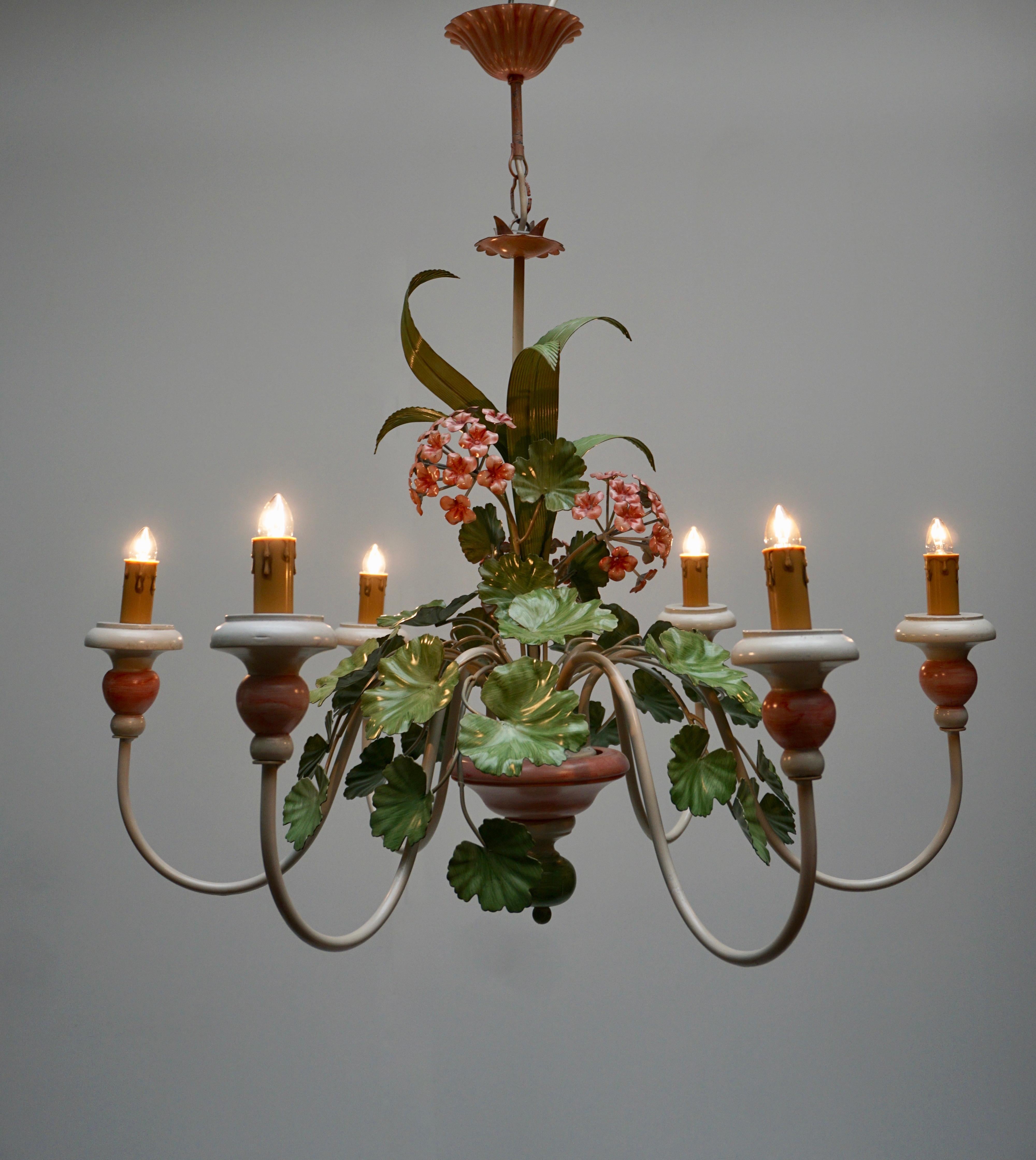 Italian Painted Iron and Tole Chandelier with Flowers 11