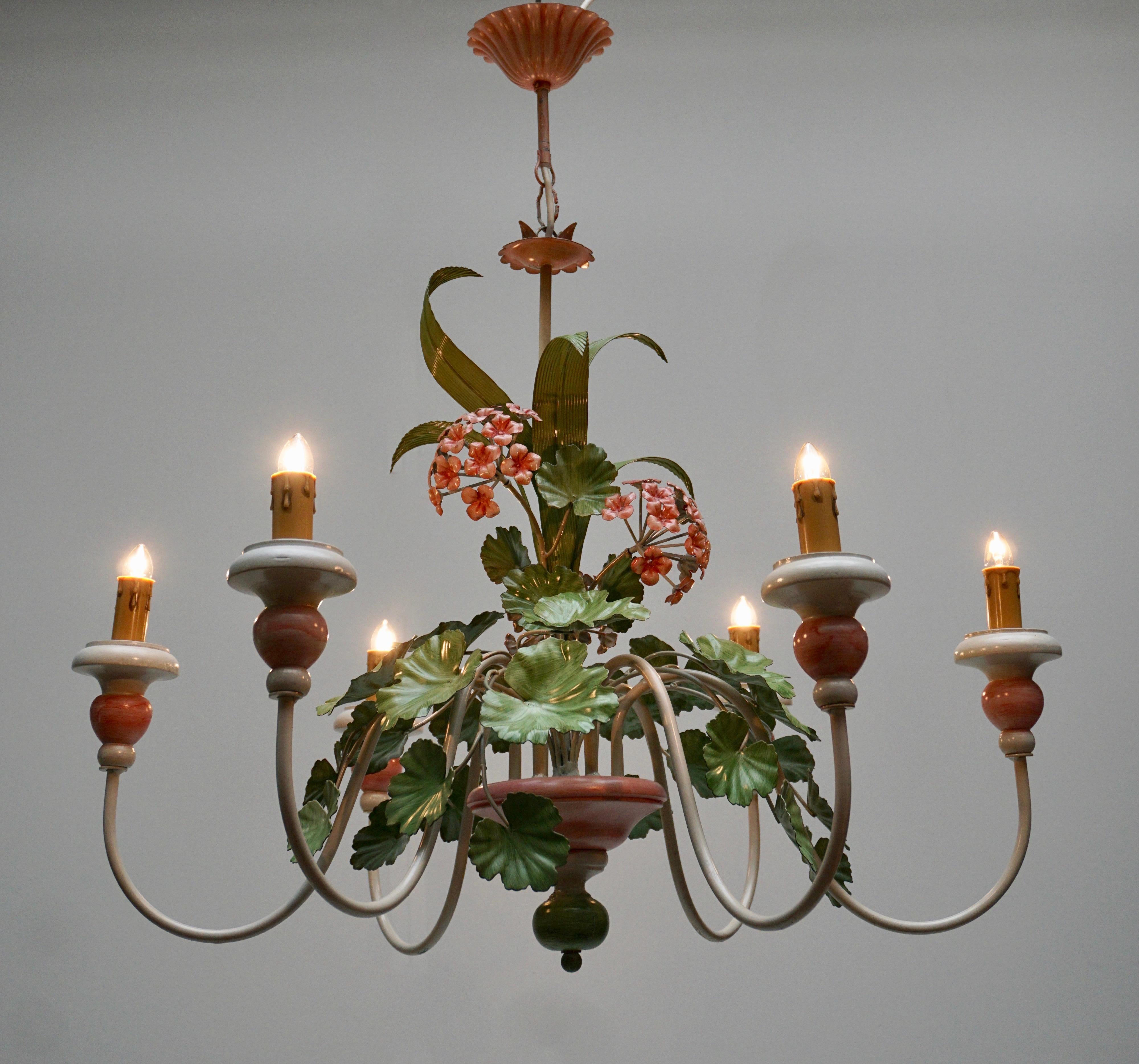 Italian Painted Iron and Tole Chandelier with Flowers 12