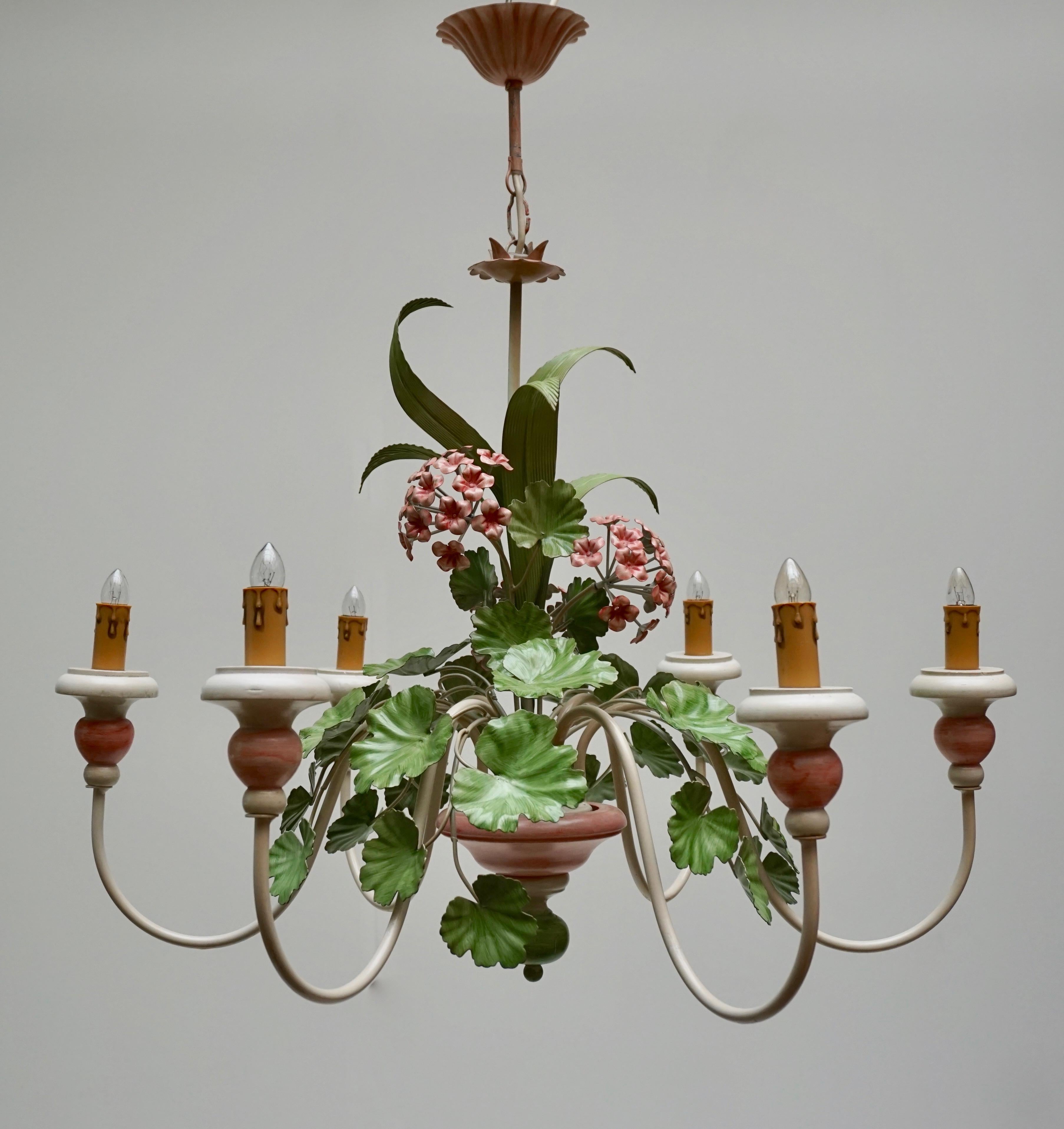 Italian Painted Iron and Tole Chandelier with Flowers 14
