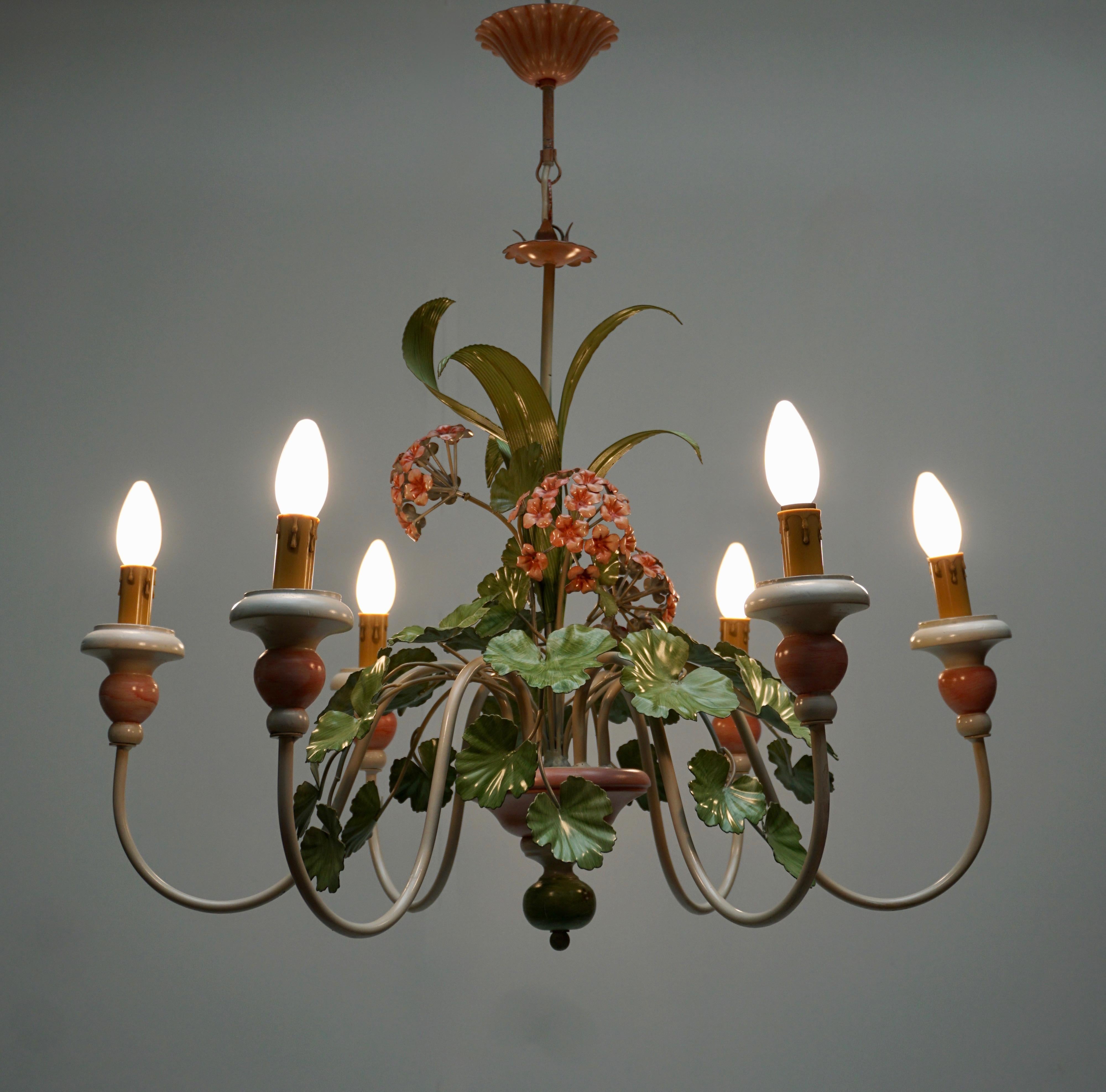 Mid-Century Modern Italian Painted Iron and Tole Chandelier with Flowers