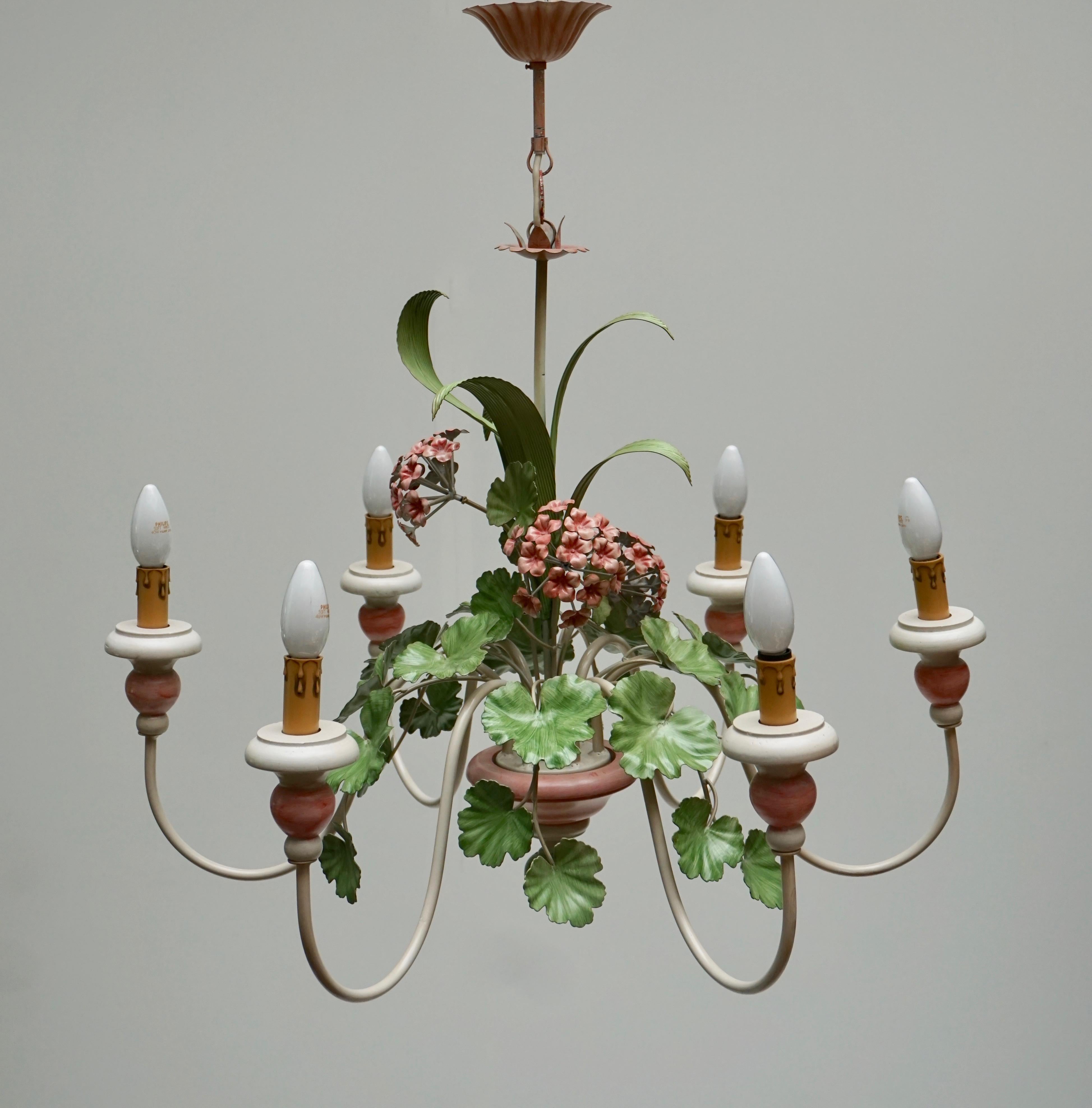 Italian Painted Iron and Tole Chandelier with Flowers 2