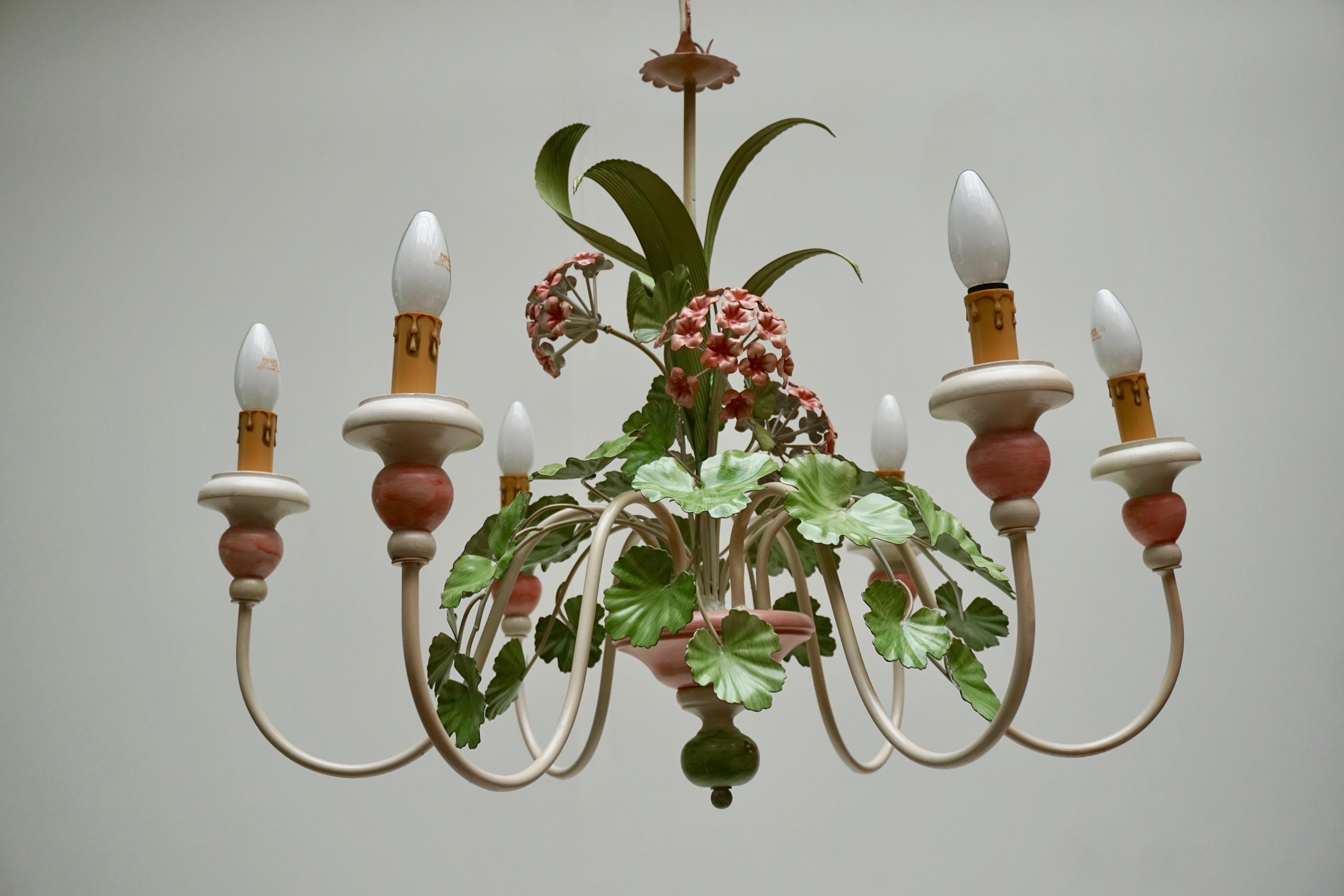 Italian Painted Iron and Tole Chandelier with Flowers 3