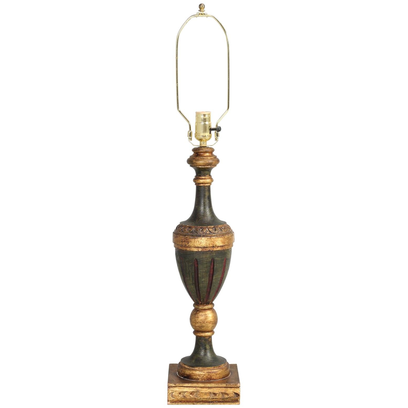 Italian Painted Lamp in Dark Green with Gilt Accents For Sale