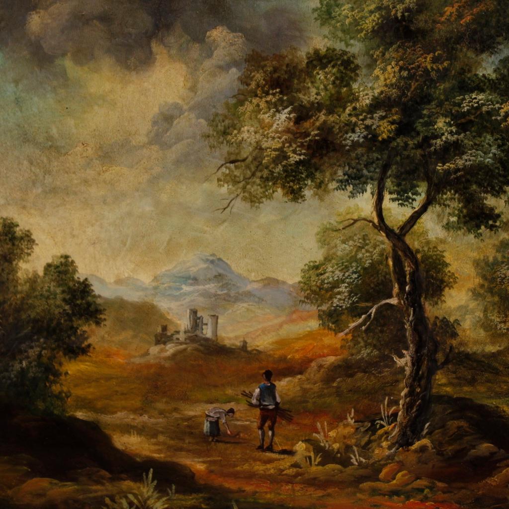 Painting oil on canvas of the 20th century. Italian painting depicting landscape with figures in the eighteenth century style. Wooden frame lacquered is golden with passe-partout in fabric with various signs of wear (see photo). Complete picture