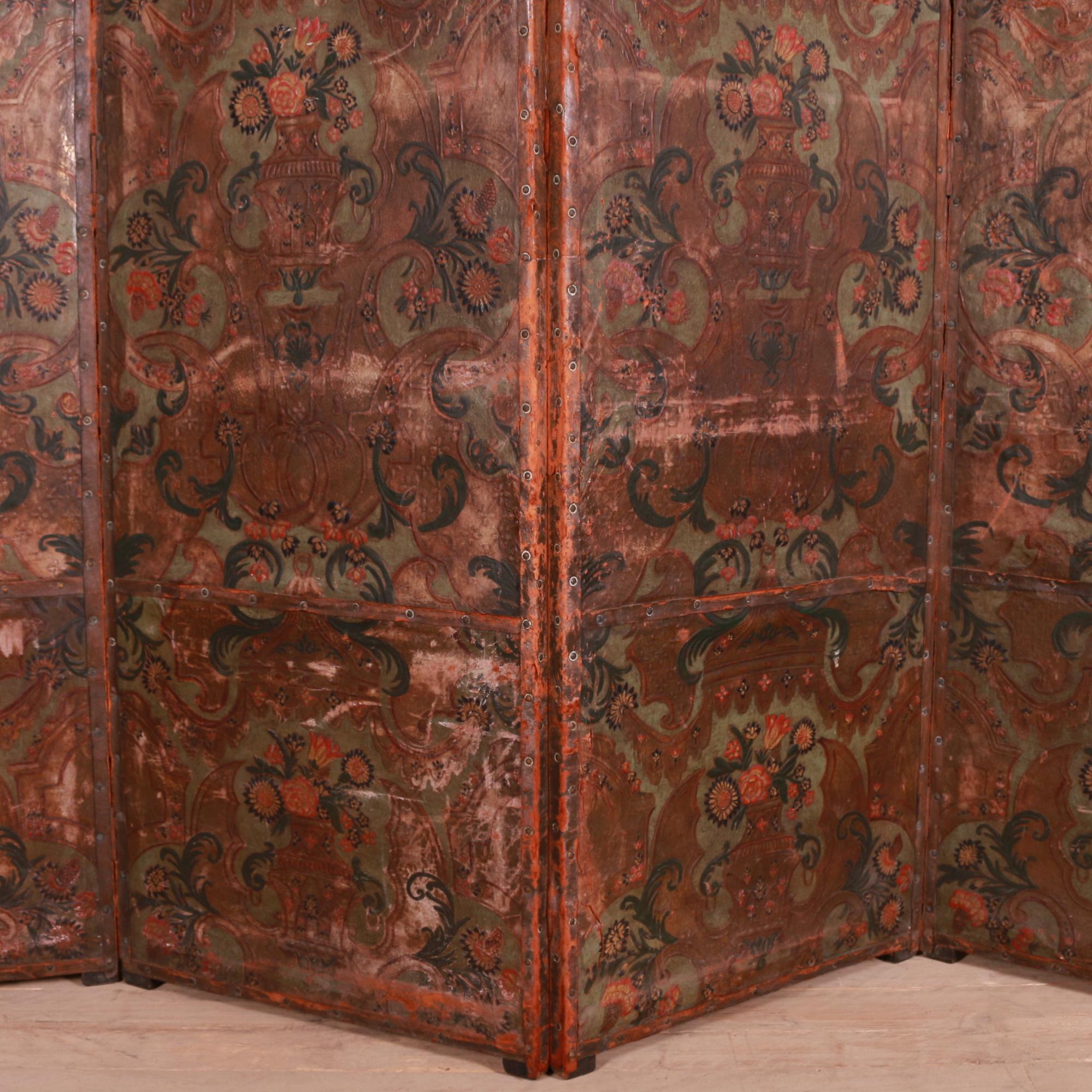 Italian Painted Leather Screen In Good Condition In Leamington Spa, Warwickshire