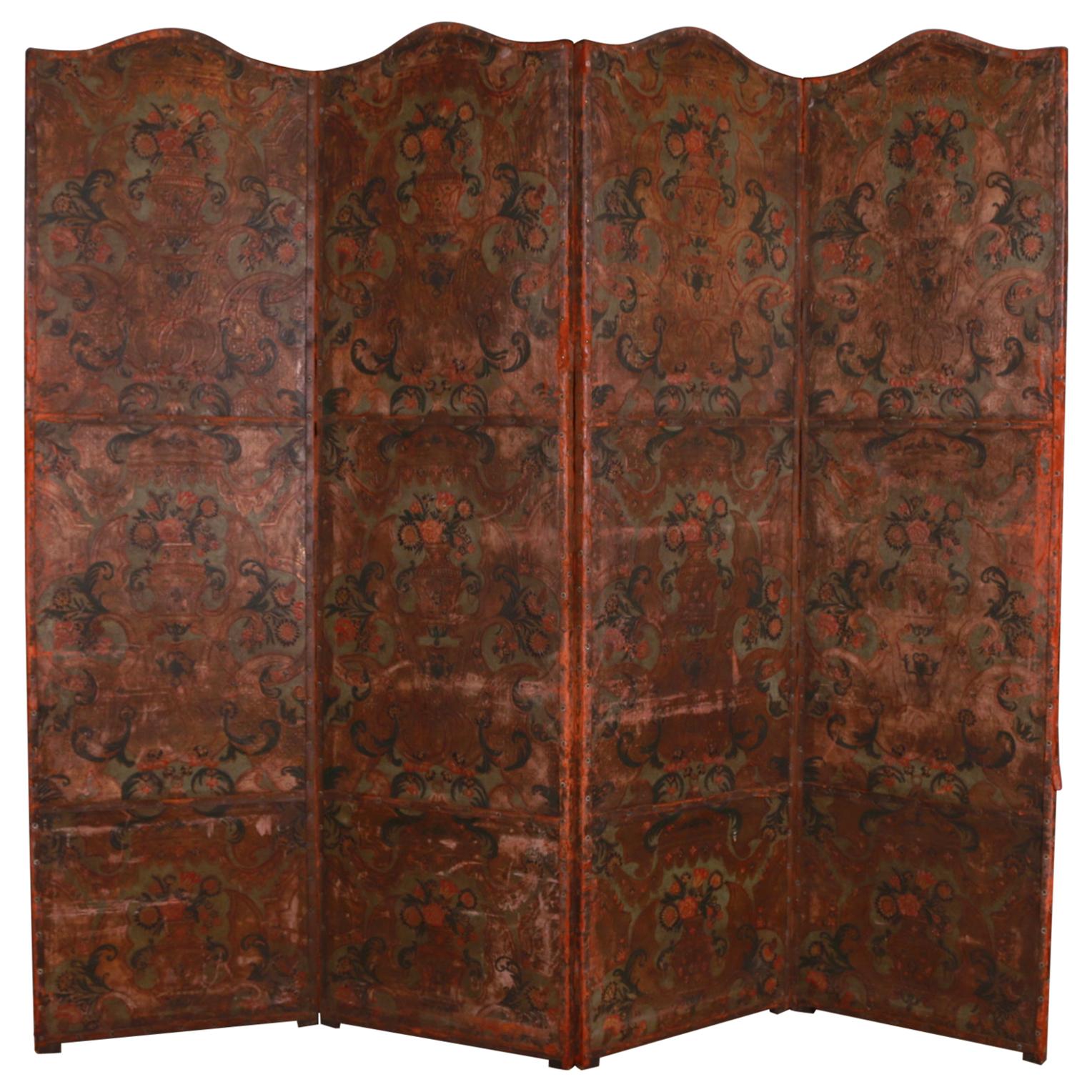 Italian Painted Leather Screen