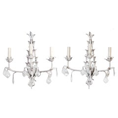 Italian Painted Metal & Crystal Wall Sconces /Three Lights
