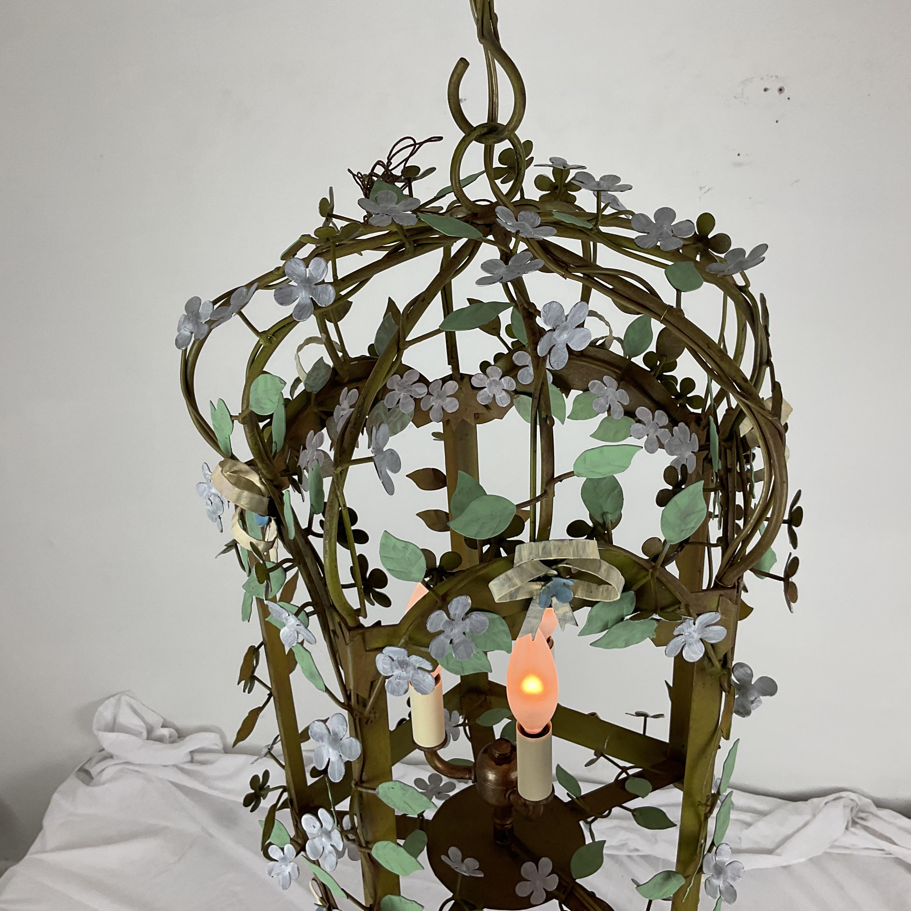 Country Italian Painted Metal Floral Cage Lantern For Sale