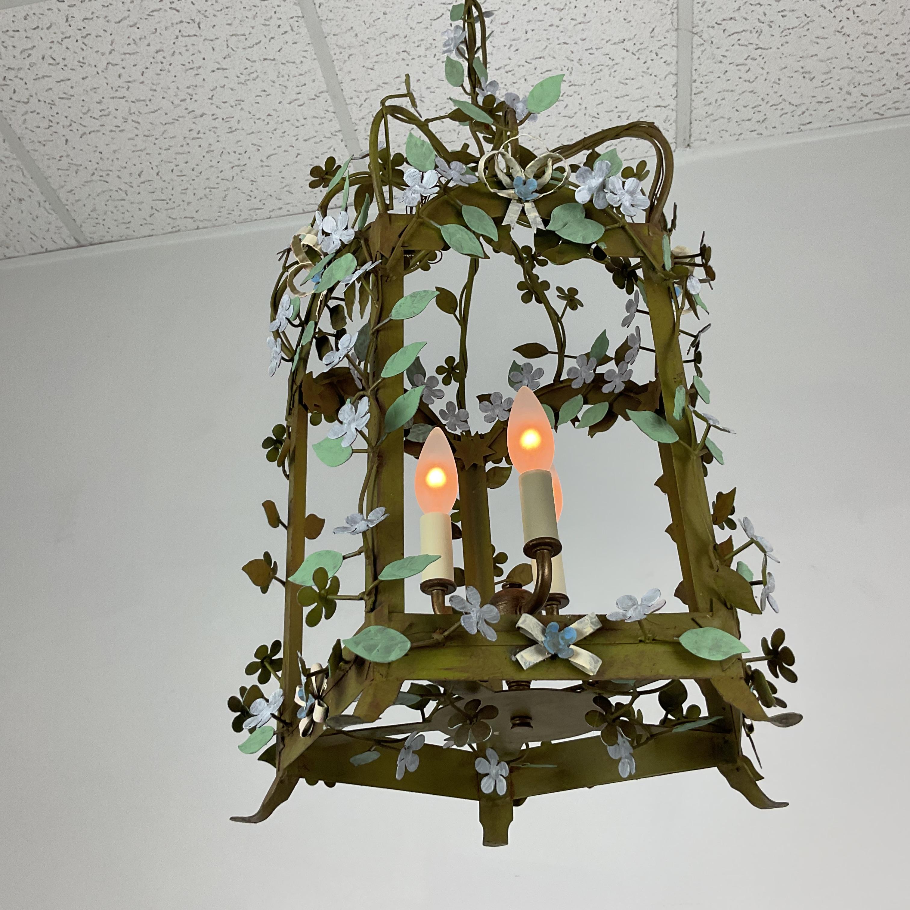 Hand-Painted Italian Painted Metal Floral Cage Lantern For Sale