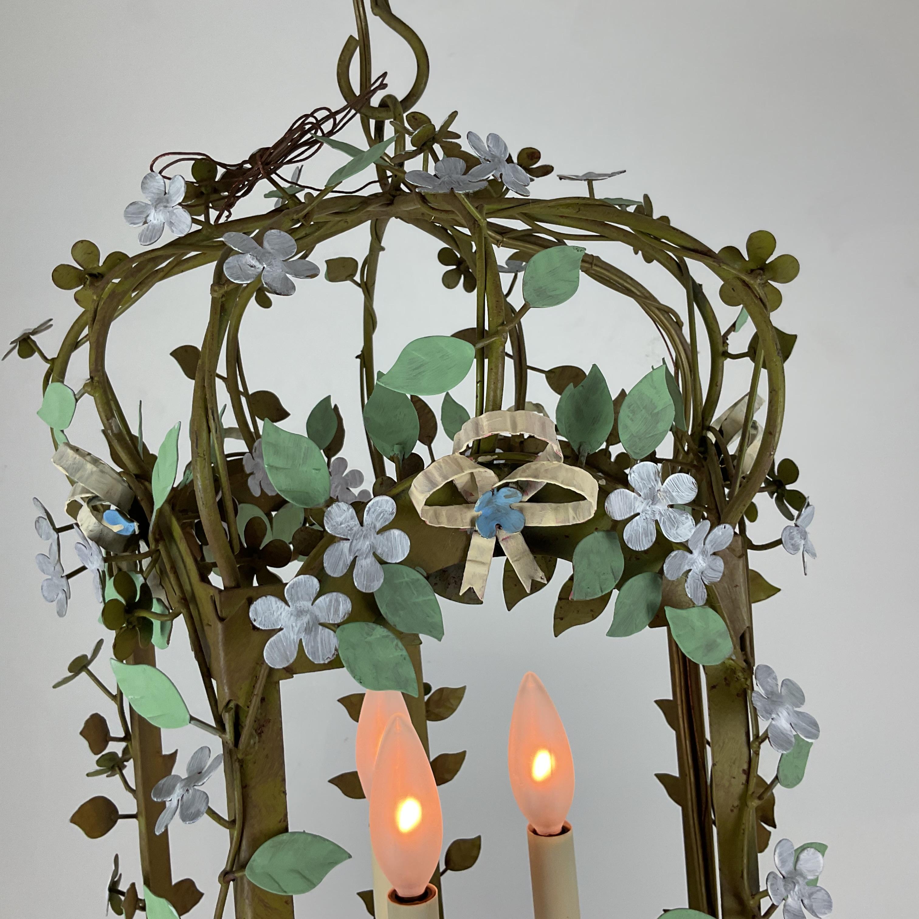 Italian Painted Metal Floral Cage Lantern In Good Condition For Sale In West Palm Beach, FL
