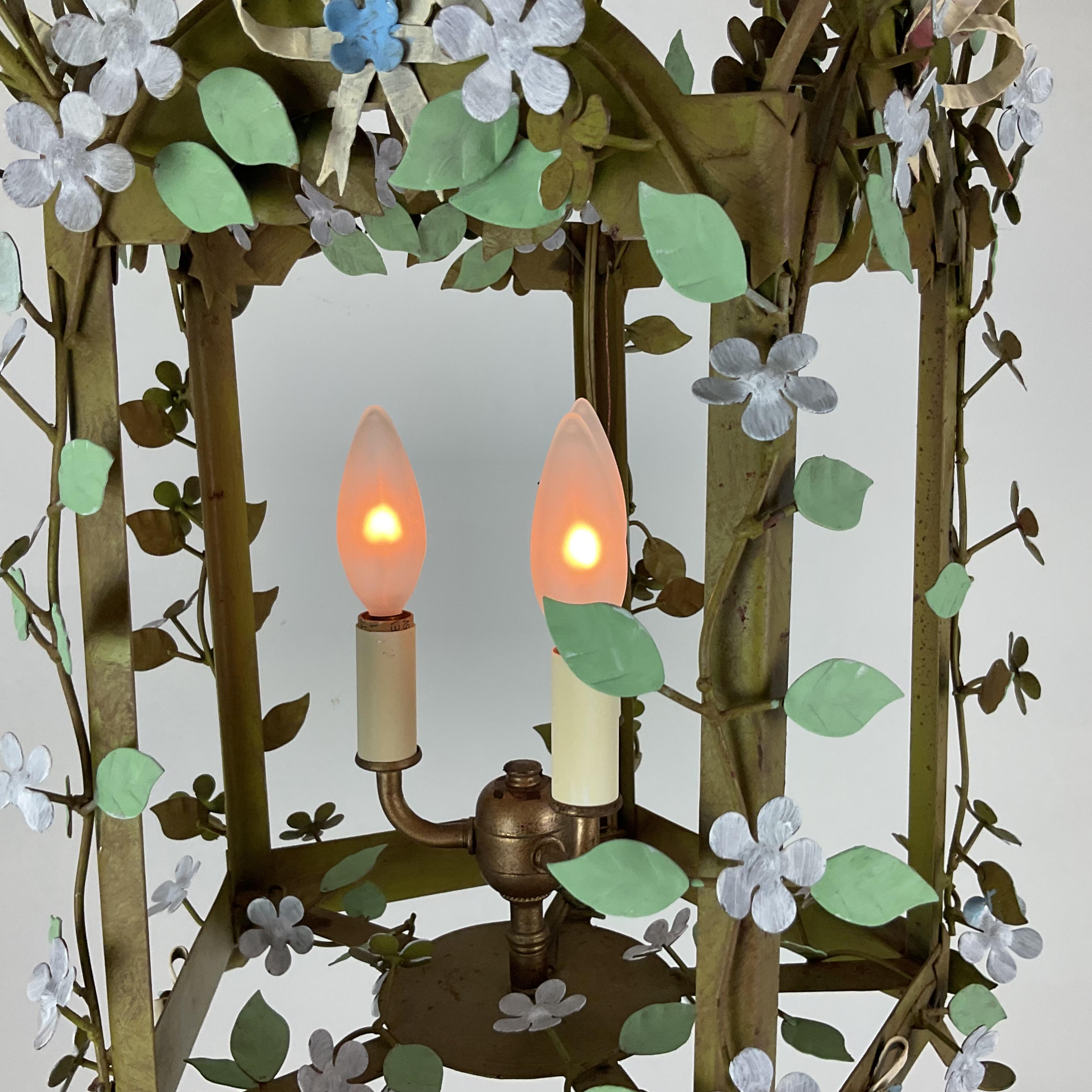 Mid-20th Century Italian Painted Metal Floral Cage Lantern For Sale