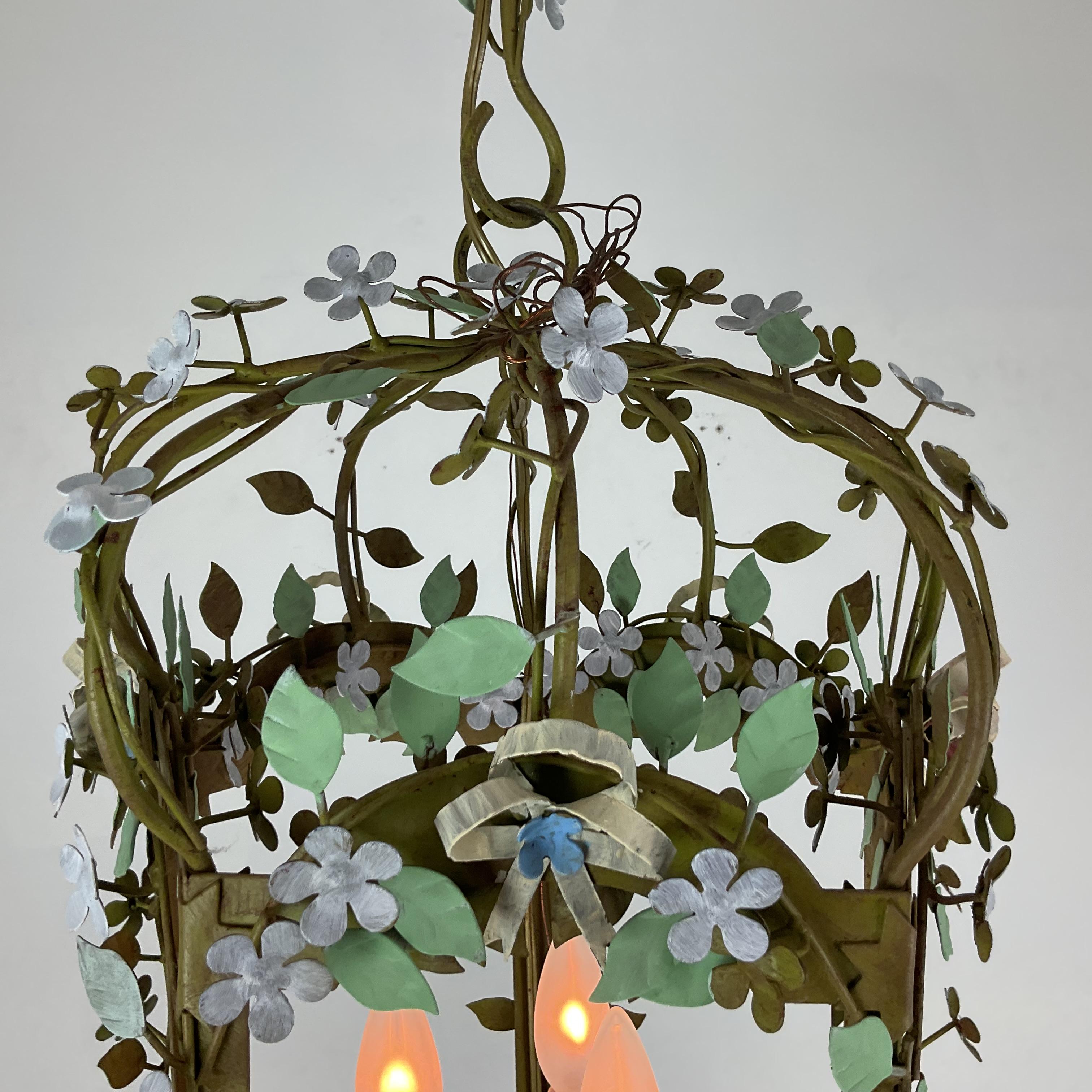 Italian Painted Metal Floral Cage Lantern For Sale 1