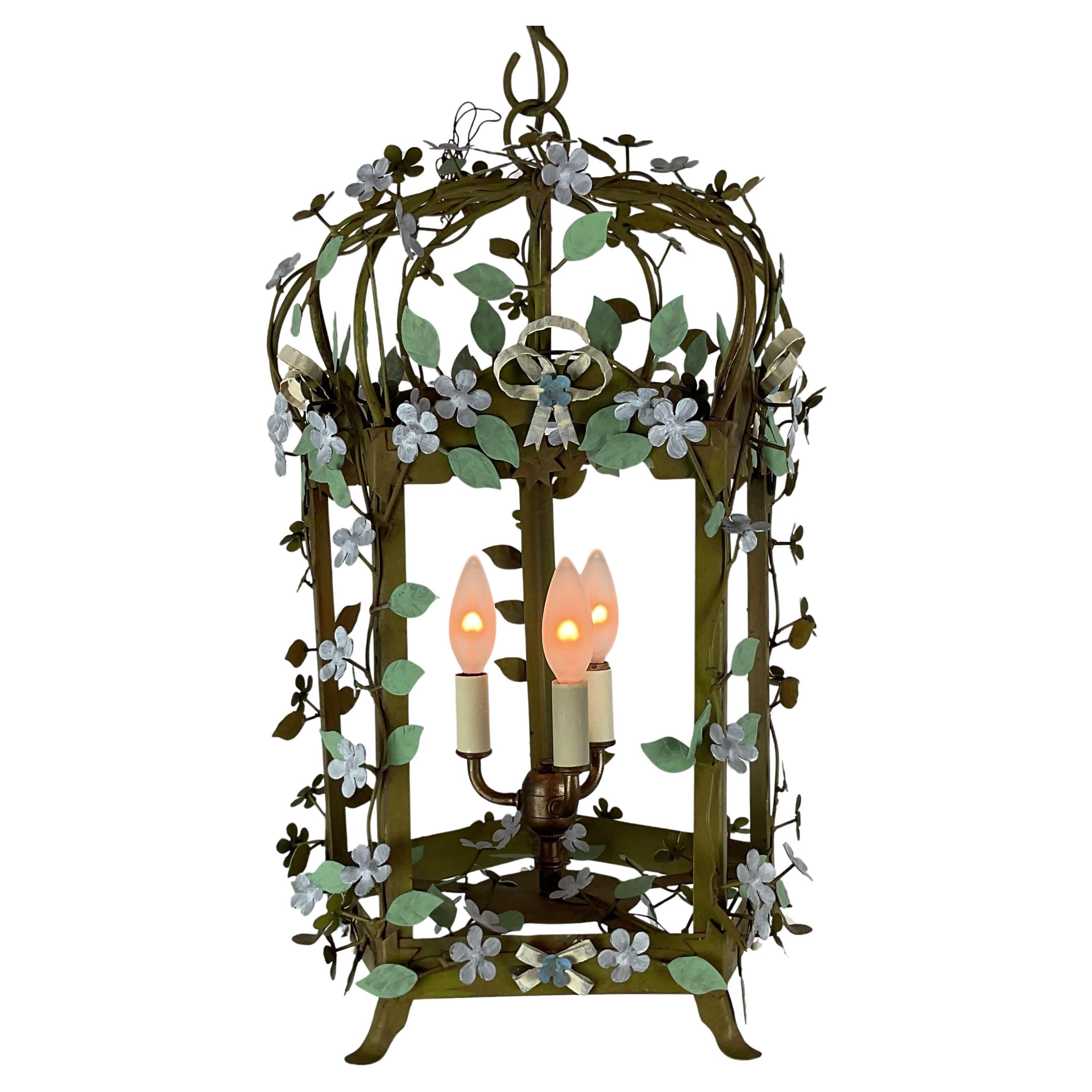 Italian Painted Metal Floral Cage Lantern For Sale