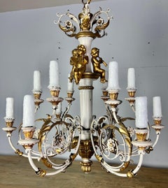 Rococo Chandelier with Gilt Putti and Hand-Painted Ironwork, 19th Century