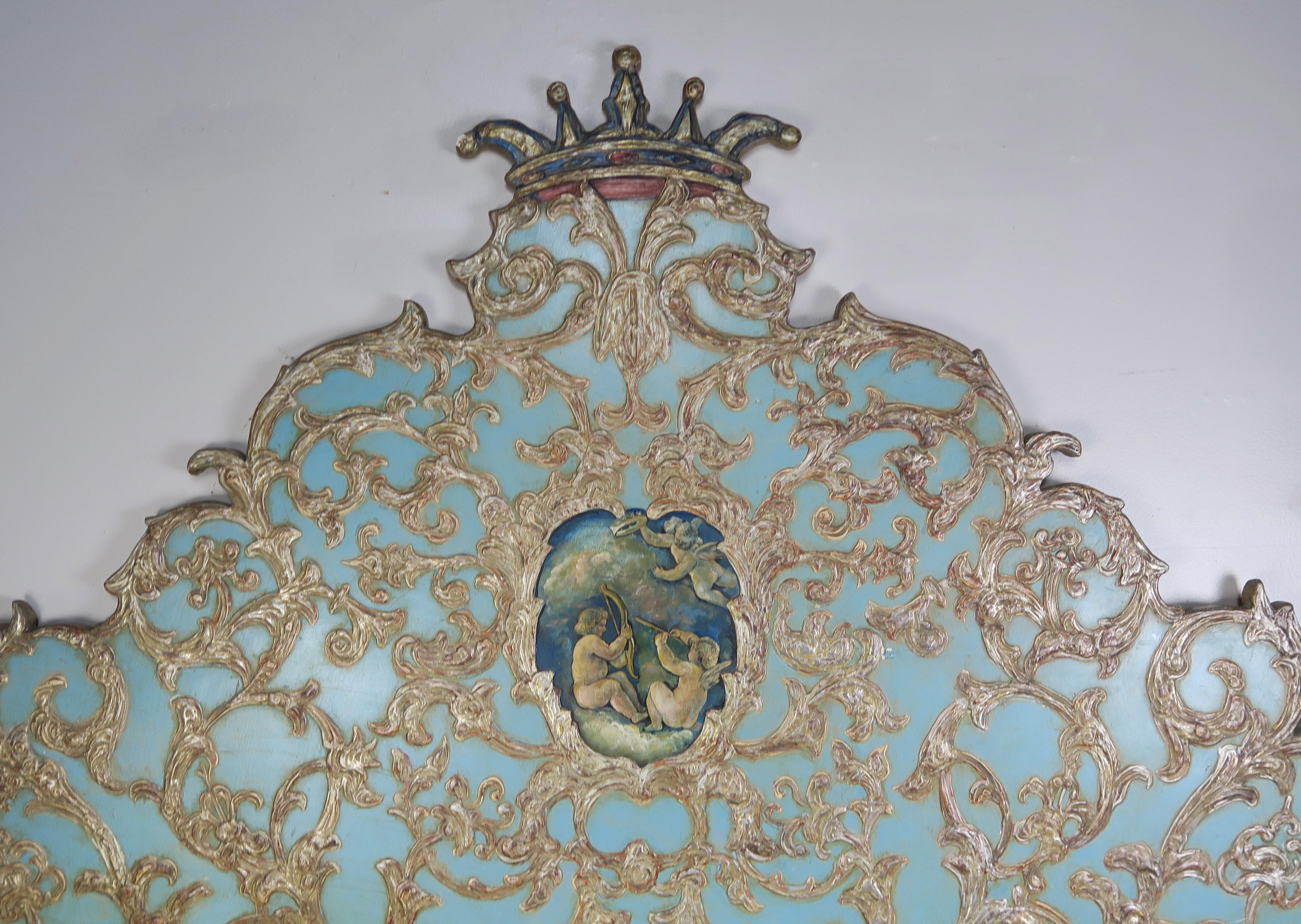 Gesso Italian Painted & Parcel Gilt Headboard W/ Putti's, circa 1930s