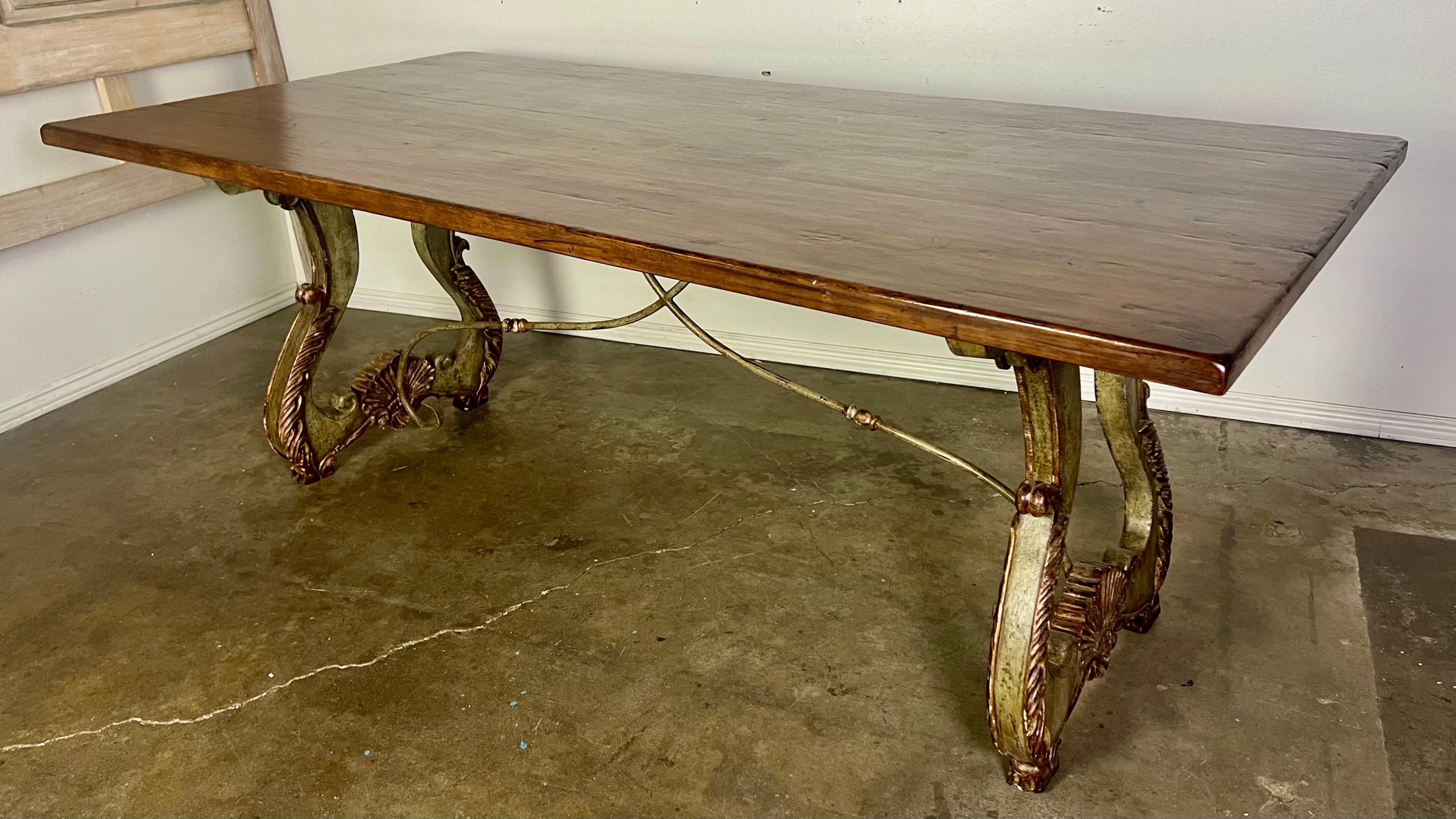 Italian Painted & Parcel Gilt Trestle Dining Table w/ Wood Finished Top 8