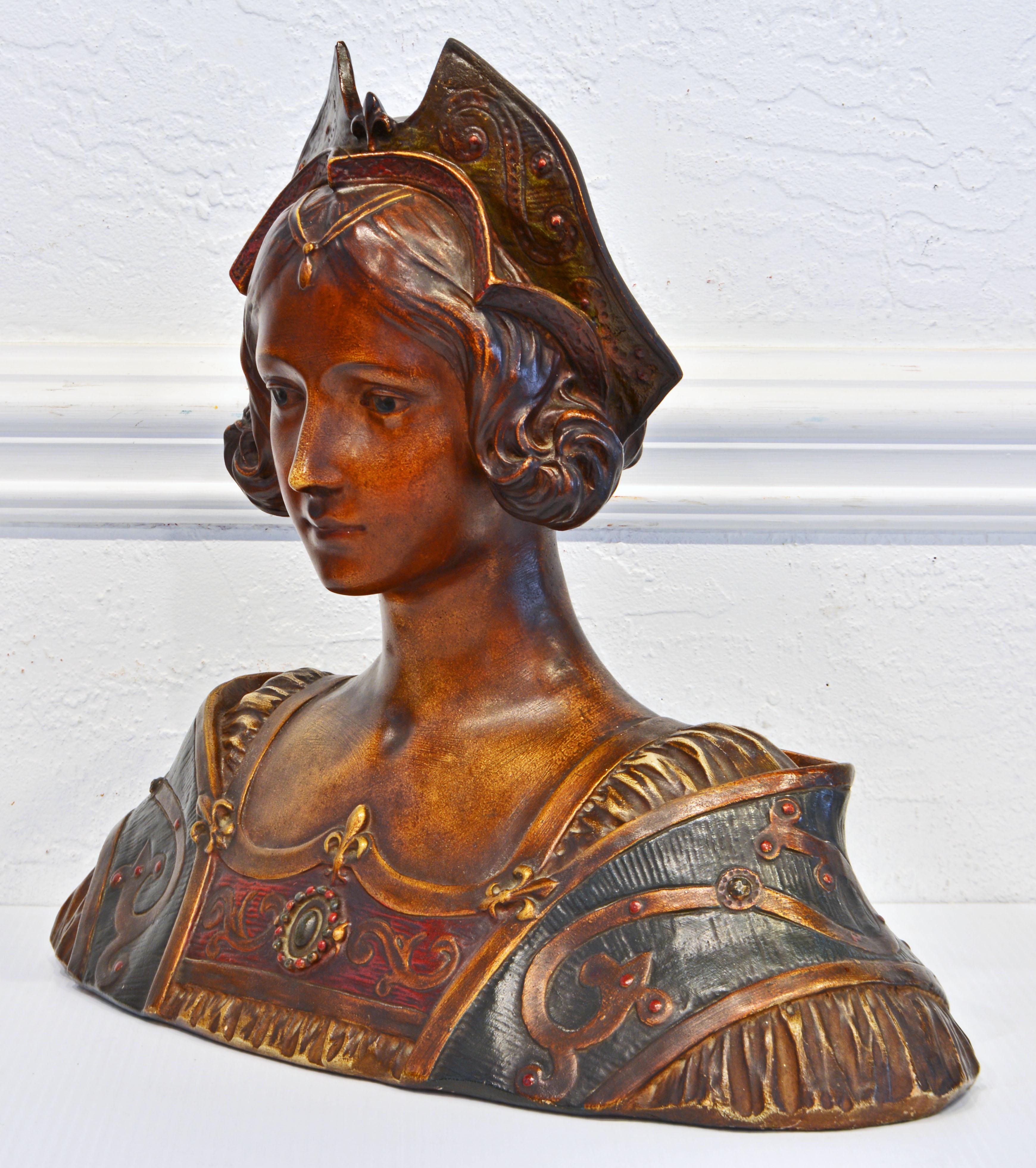 Italian Painted Plaster Bust of a Renaissance Queen in Bejeweled Costume C. 1880 In Good Condition In Ft. Lauderdale, FL
