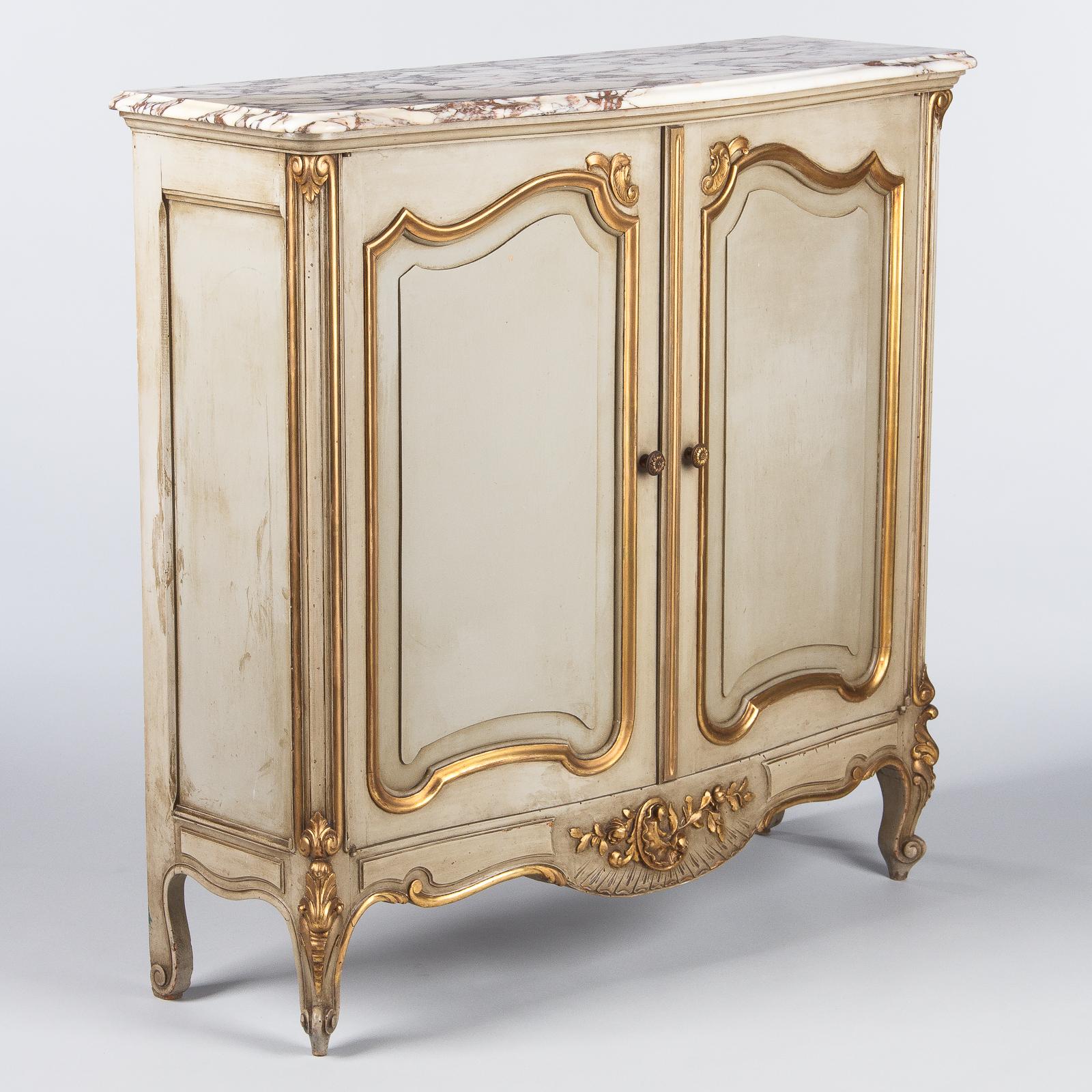 Italian Painted Sideboard with Marble Top in Louis XV Style, 1950s (Louis XV.)