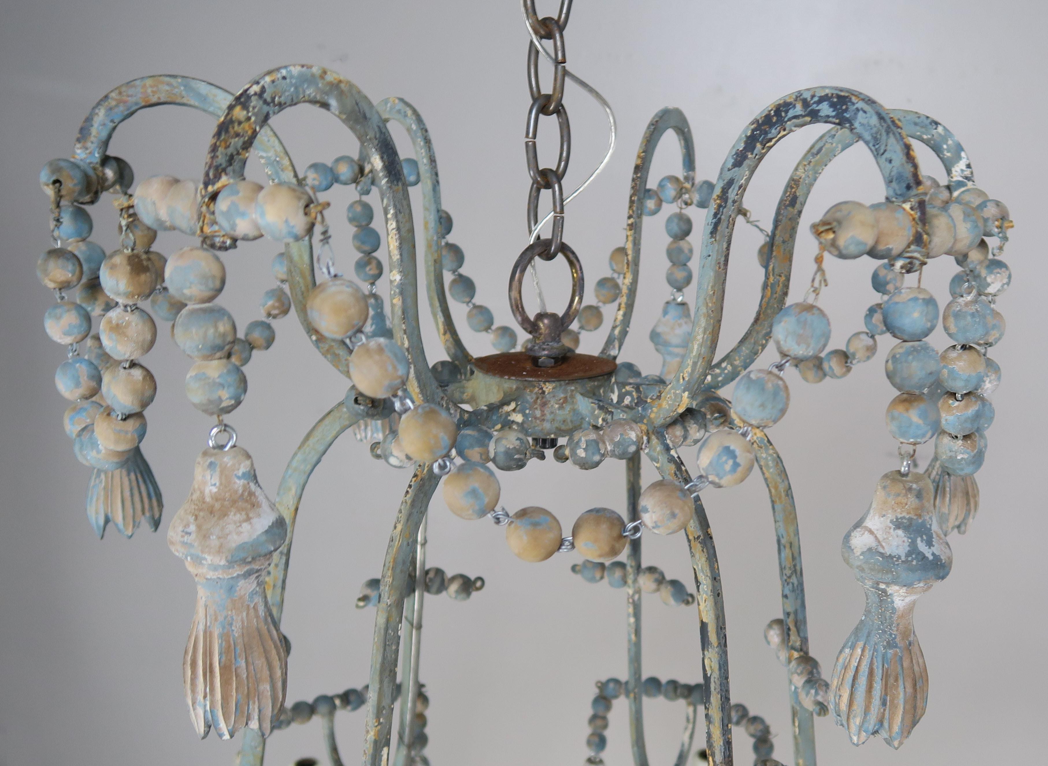 Italian Painted Six Light Iron and Wood Chandelier with Tassels 4