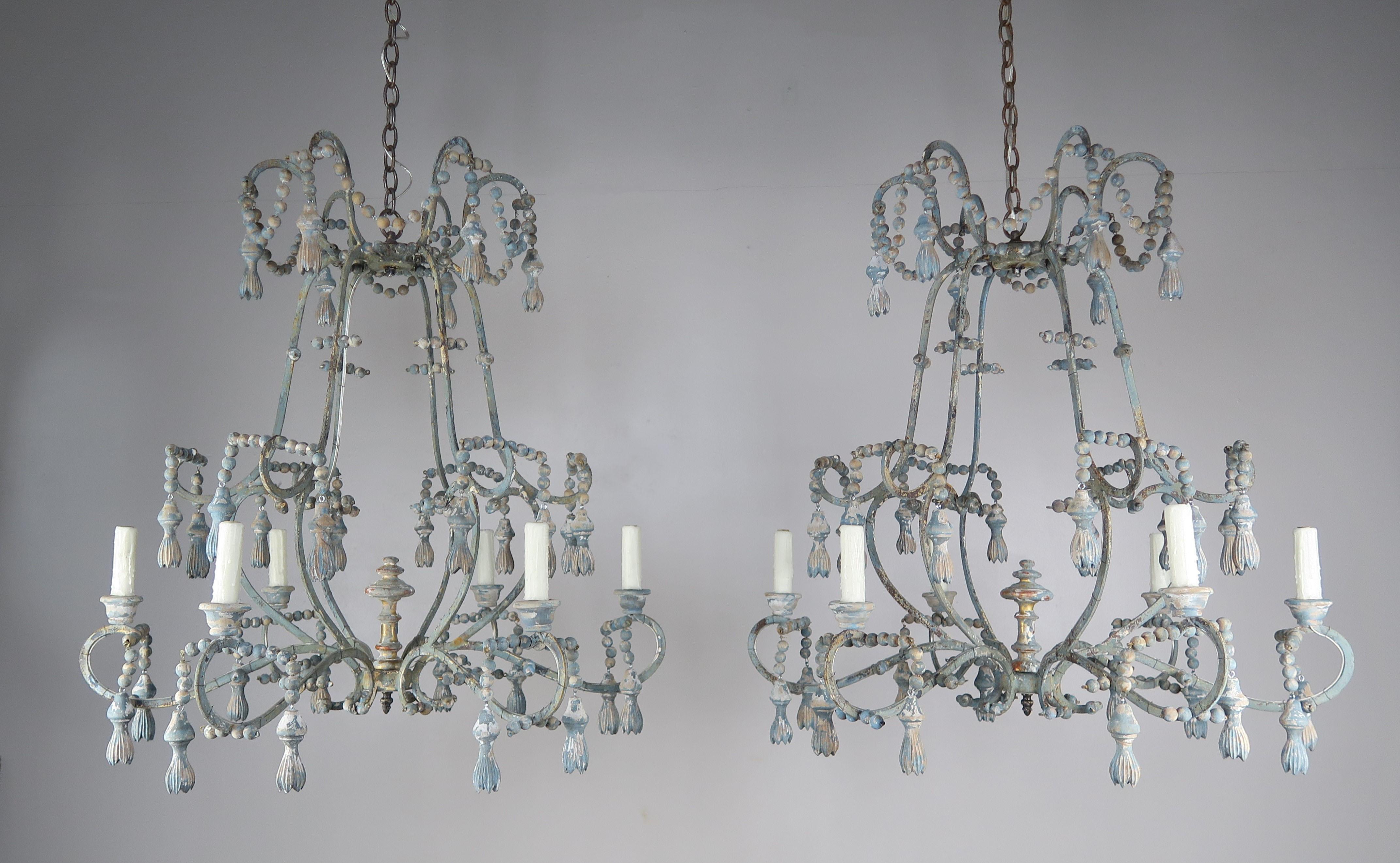 Italian Painted Six Light Iron and Wood Chandelier with Tassels 7