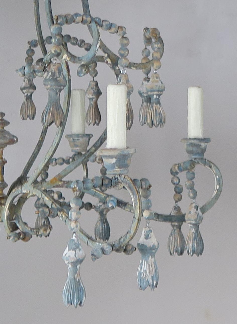 Rococo Italian Painted Six Light Iron and Wood Chandelier with Tassels