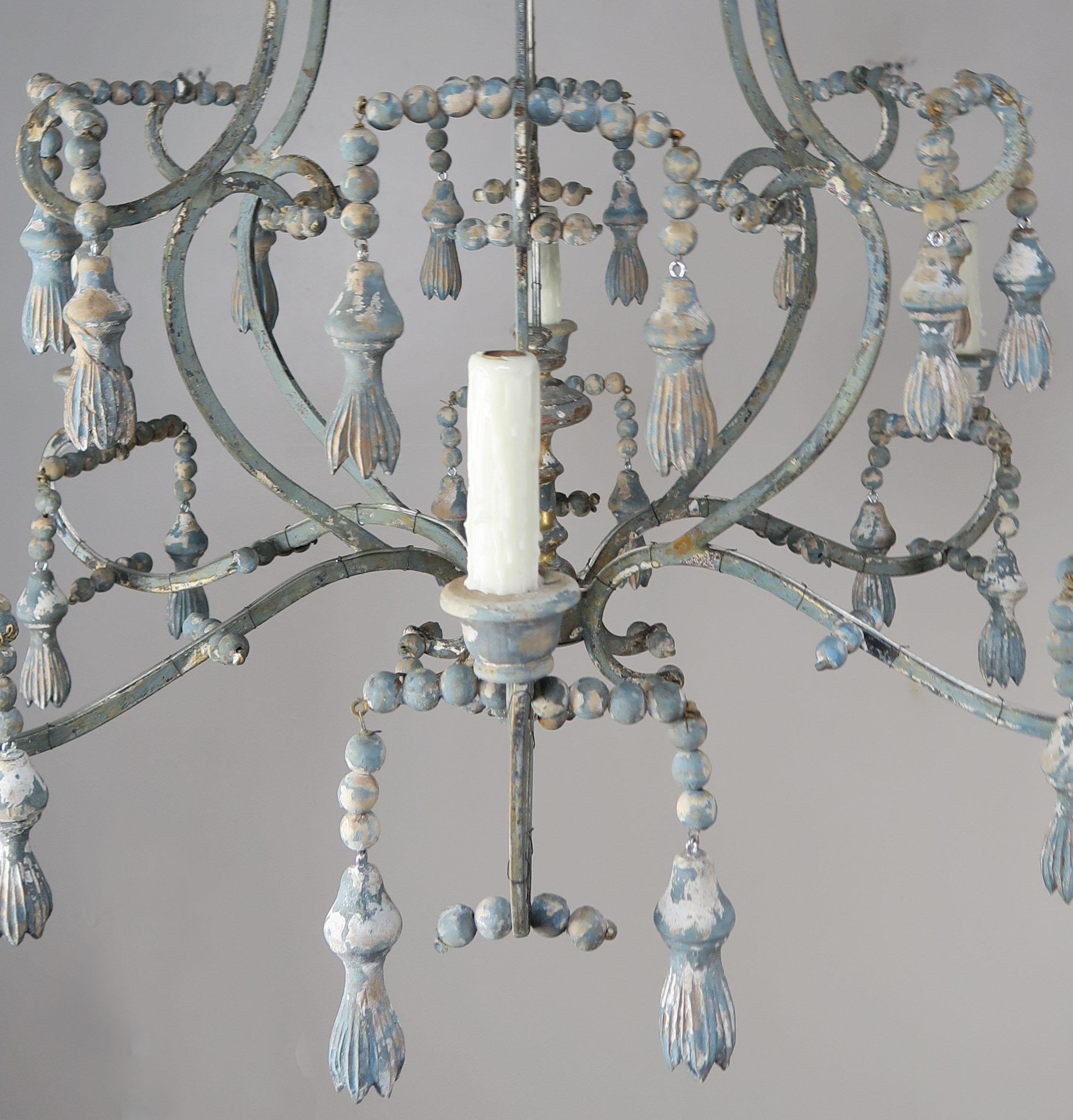 Italian Painted Six Light Iron and Wood Chandelier with Tassels In Distressed Condition In Los Angeles, CA