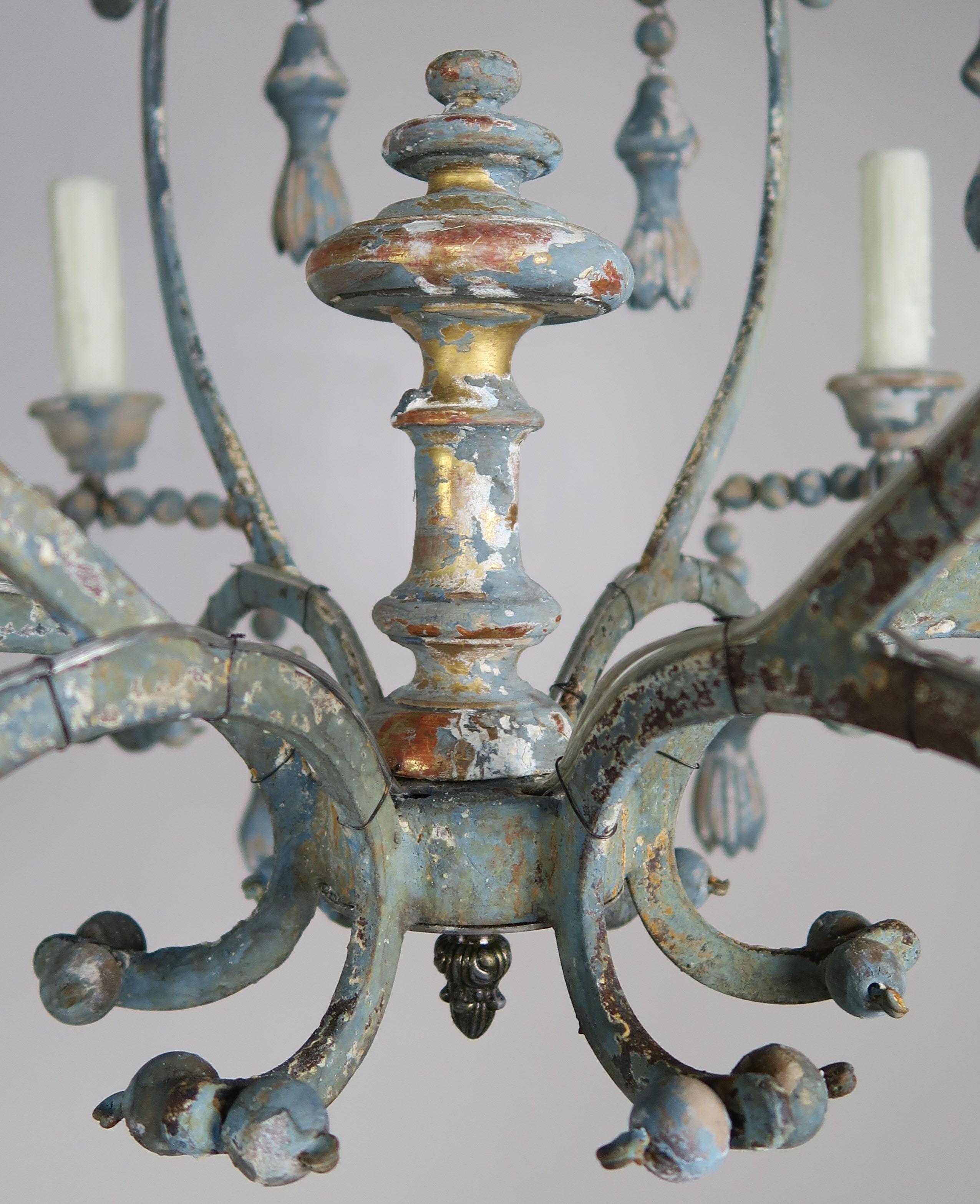 20th Century Italian Painted Six Light Iron and Wood Chandelier with Tassels