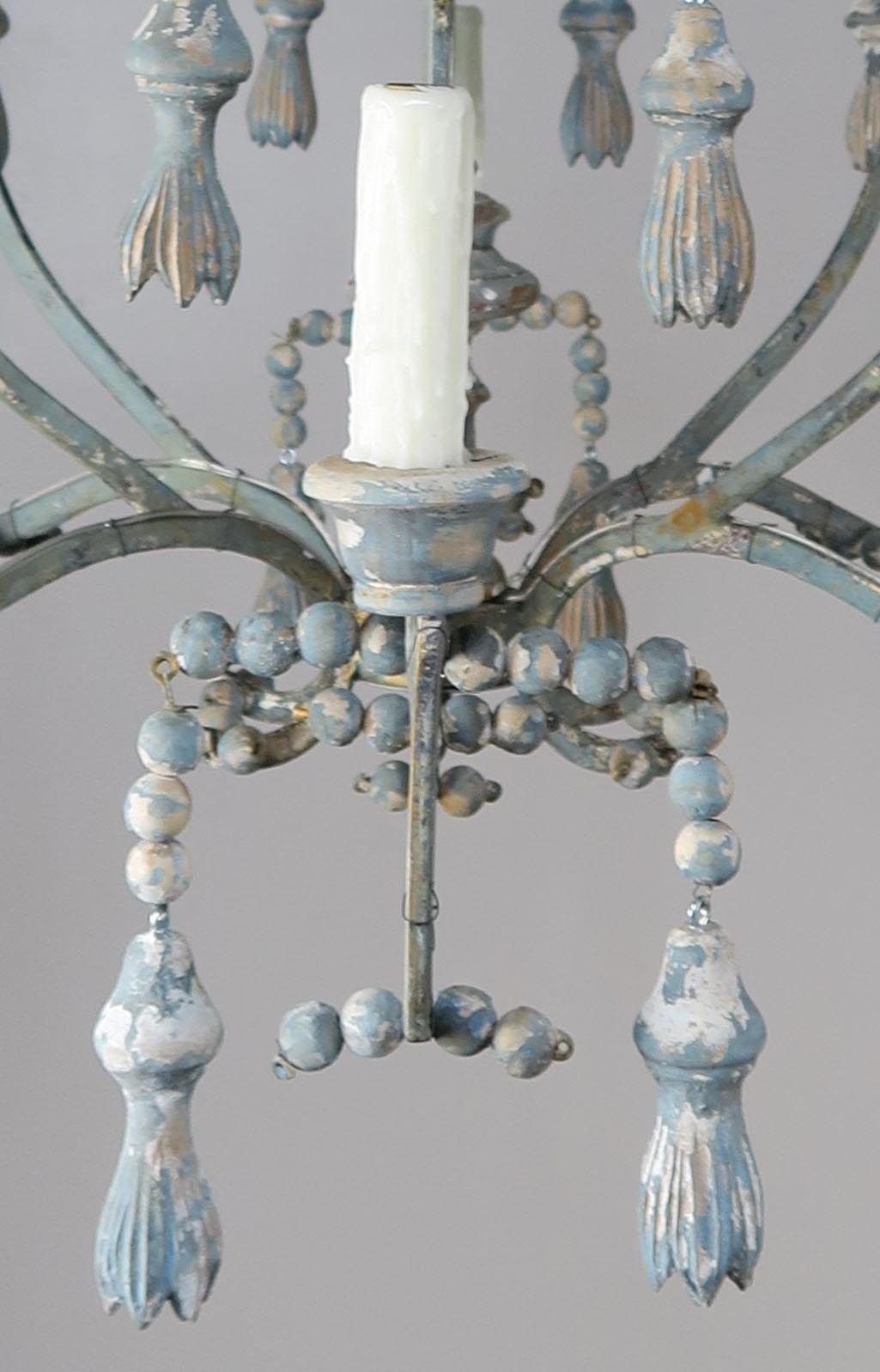 Italian Painted Six Light Iron and Wood Chandelier with Tassels 1