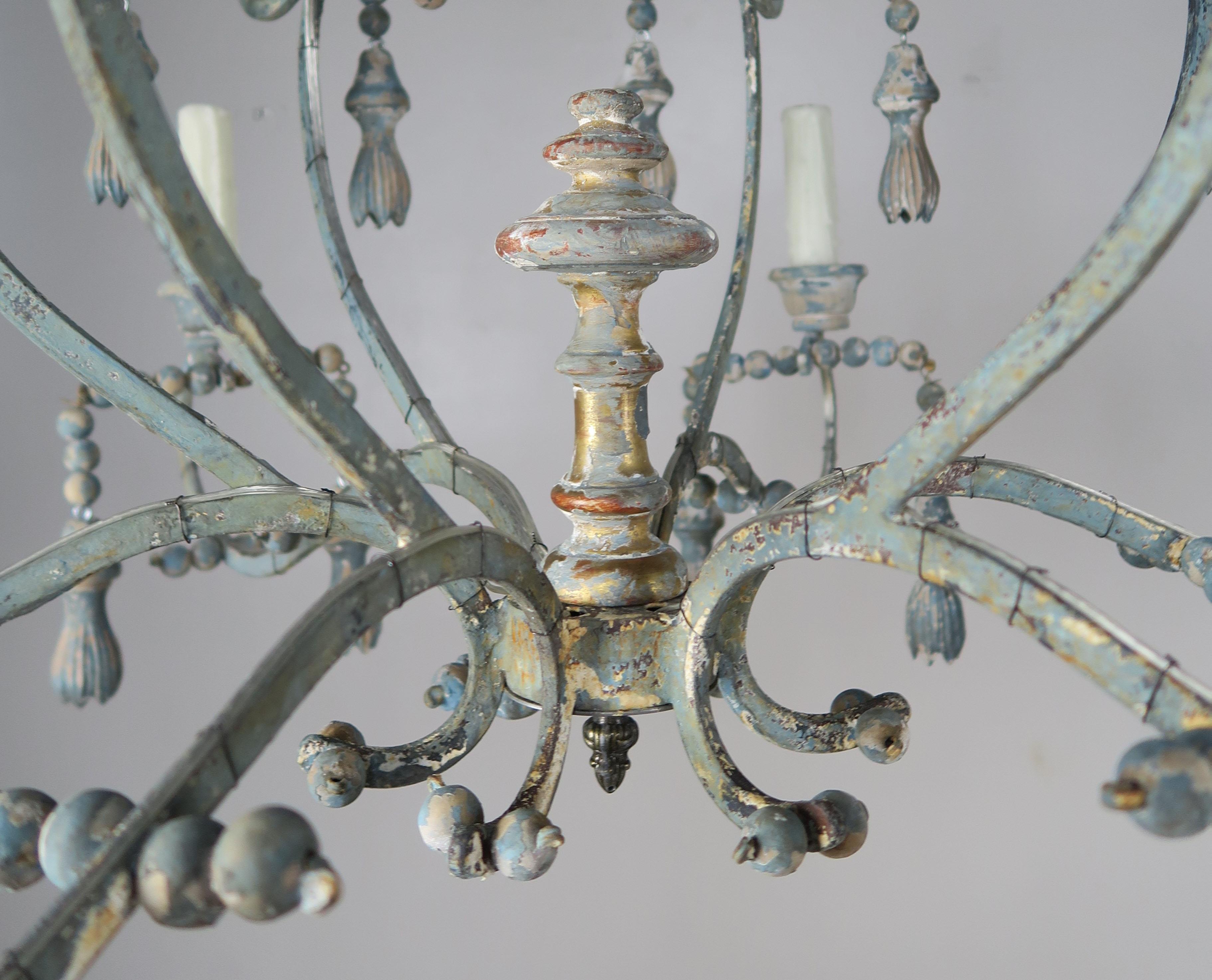 Italian Painted Six Light Iron and Wood Chandelier with Tassels 2