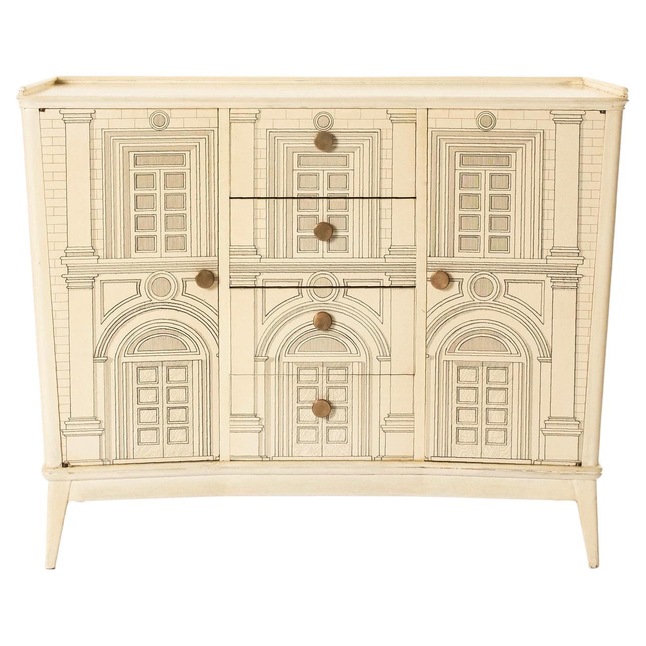 Armoire architecturale italienne peinte surréaliste à la manière de Fornasetti