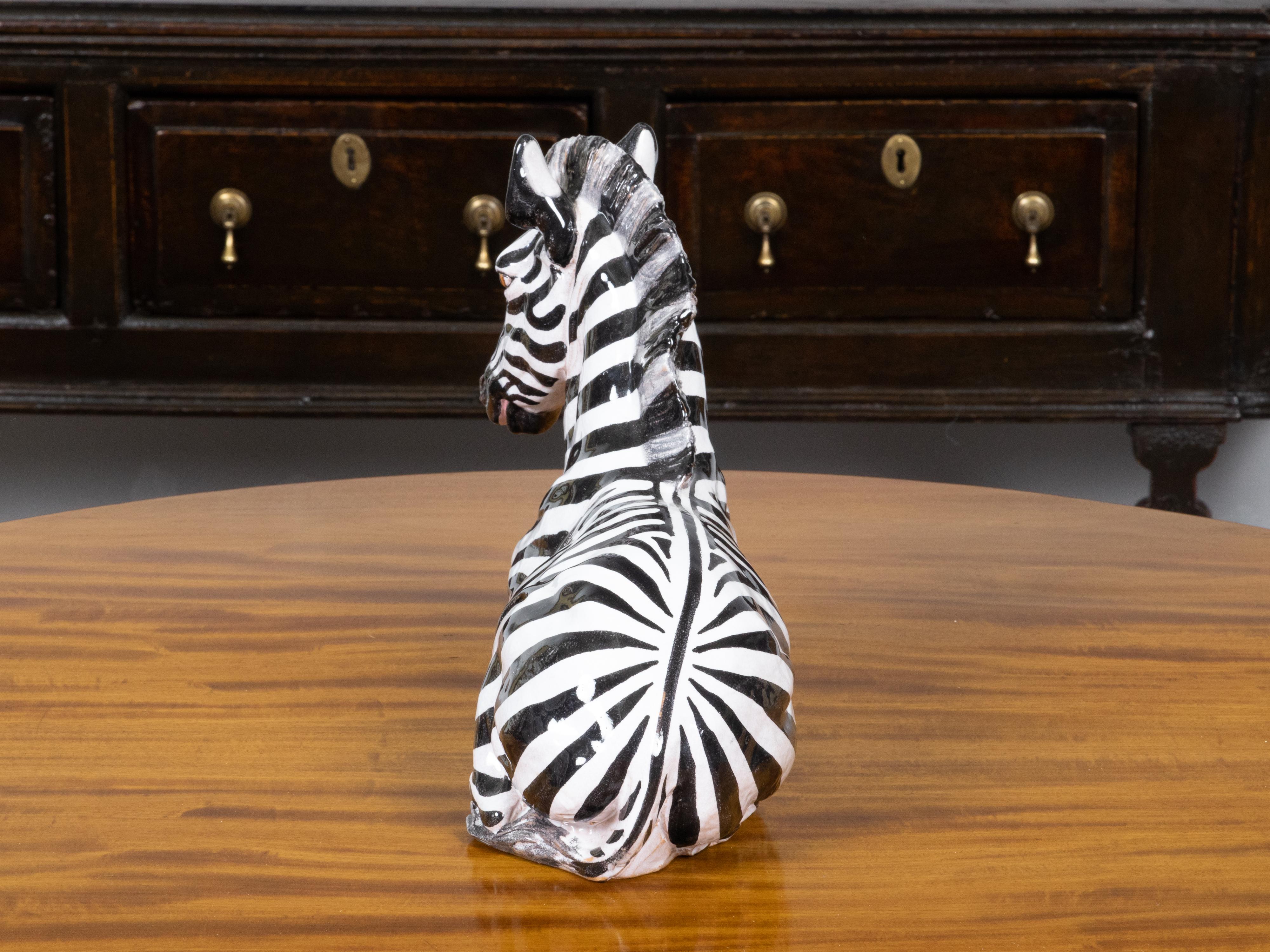 20th Century Italian Painted Terracotta Statue of a Brown Eyed Zebra Resting on the Ground For Sale