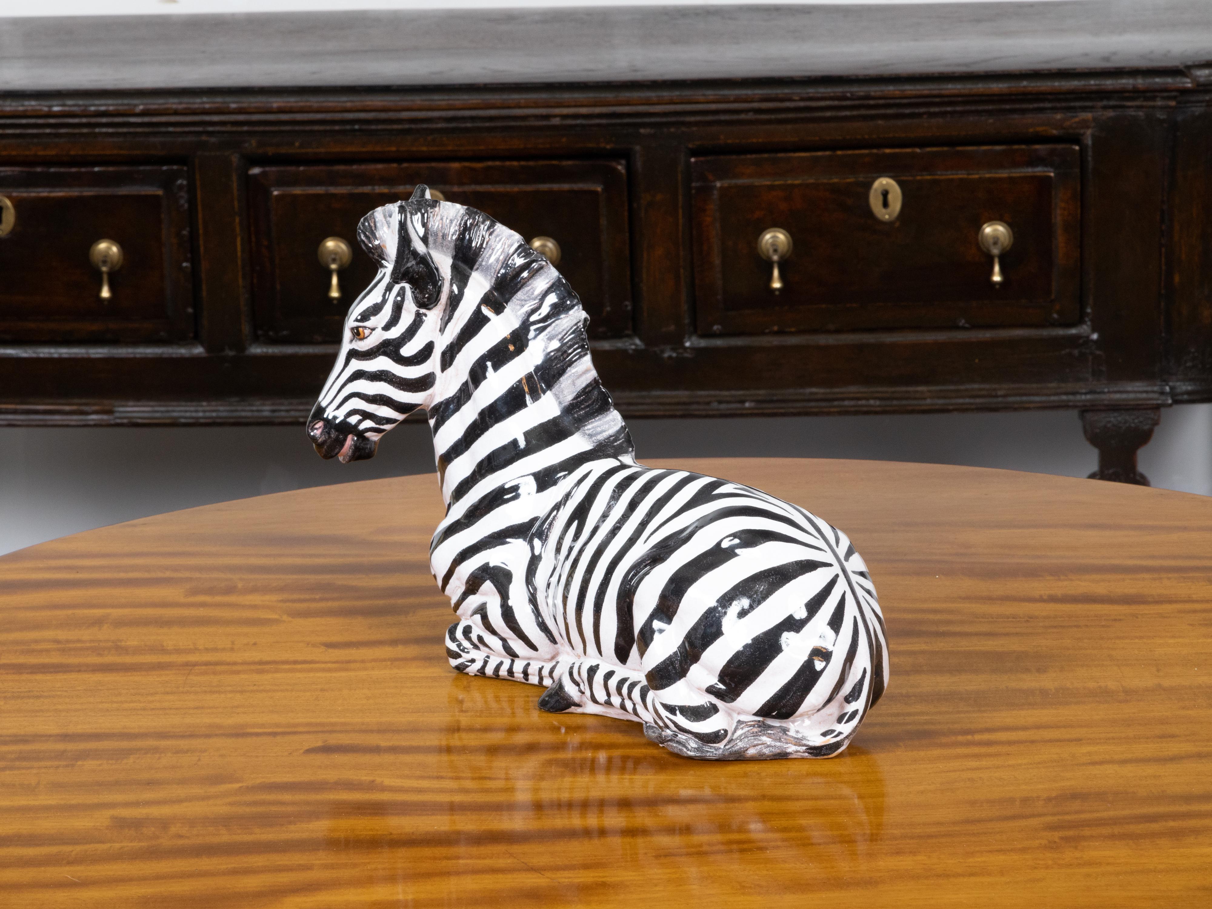 Italian Painted Terracotta Statue of a Brown Eyed Zebra Resting on the Ground For Sale 1