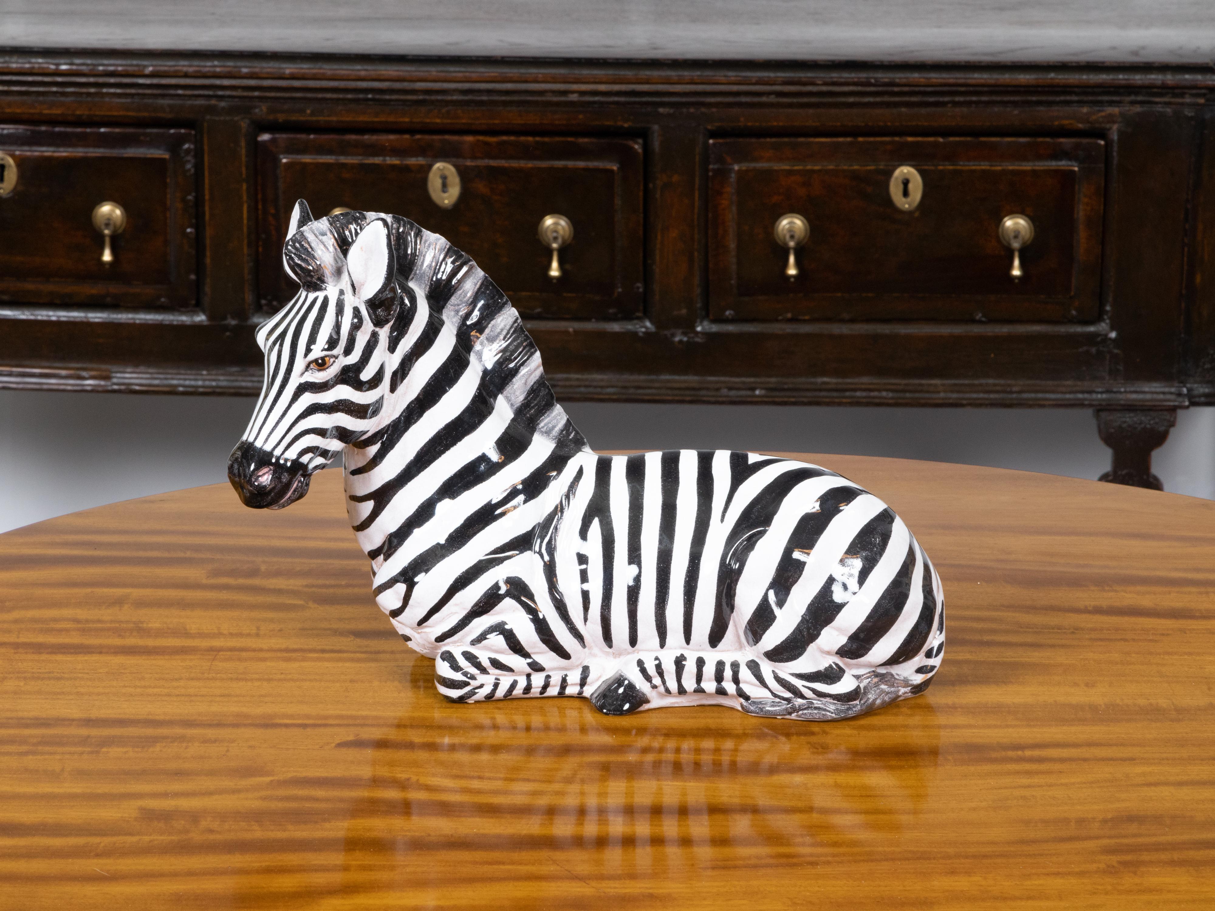 Italian Painted Terracotta Statue of a Brown Eyed Zebra Resting on the Ground For Sale 2