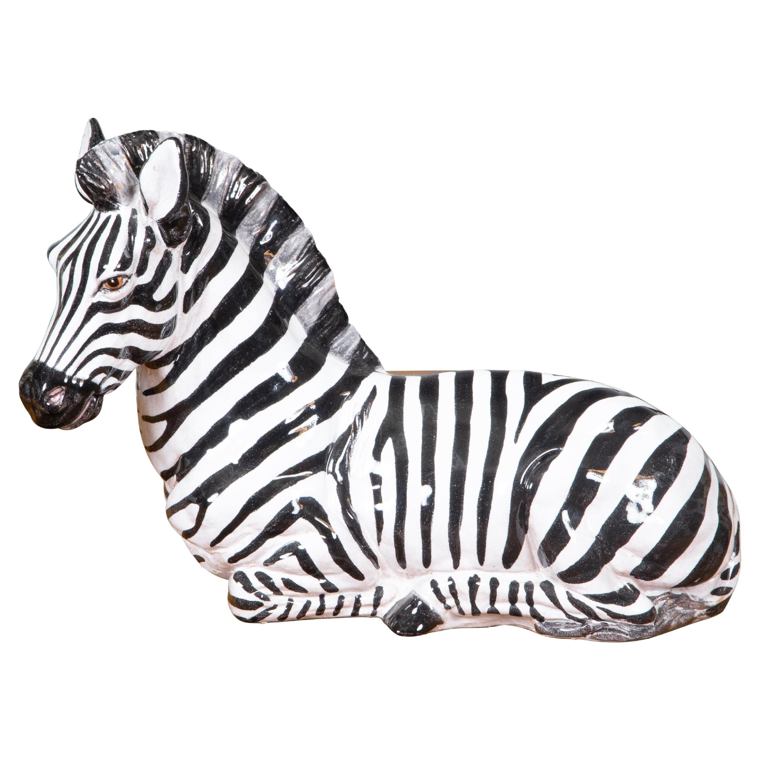 Italian Painted Terracotta Statue of a Brown Eyed Zebra Resting on the Ground For Sale